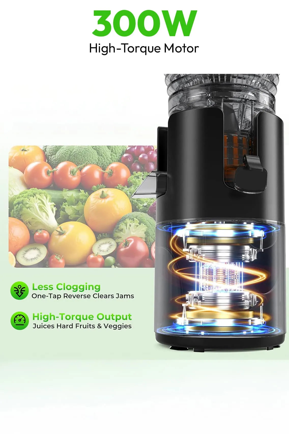 Toree Juicer Machine, 148 mm Large Feed Chute Slow Masticating Cold Press Juicer for Whole Fruits & Vegetables, Easy to Clean, High Juice Yield