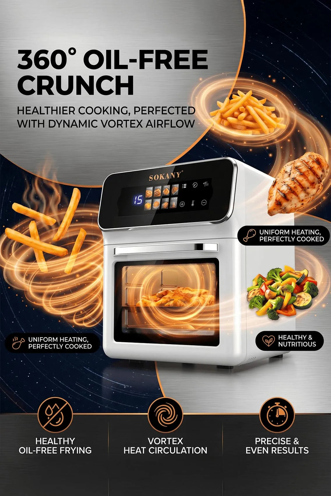 Toree Smart Air Fryer Oven – 1350W Oil-Free Digital Air Fryer with Touchscreen &amp; Multi-Function Cooking