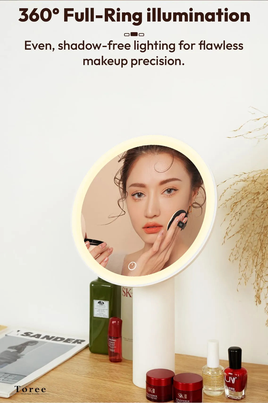 Toree Premium LED Smart Makeup Mirror | 360° Ring Light, Touch Dimming, Adjustable 0–90° Angle, 2400mAh Rechargeable, True Color HD Reflection