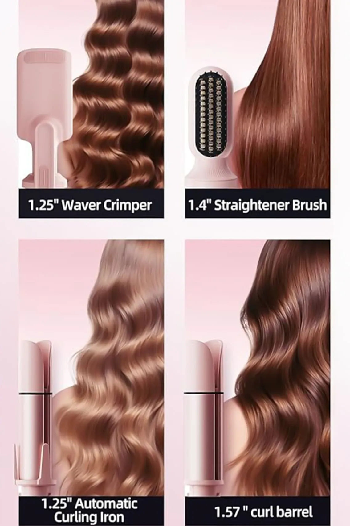 5-in-1 Automatic Hair Curler Set with Interchangeable Barrels, Straightener Brush & Waver Crimper for All Hairstyles