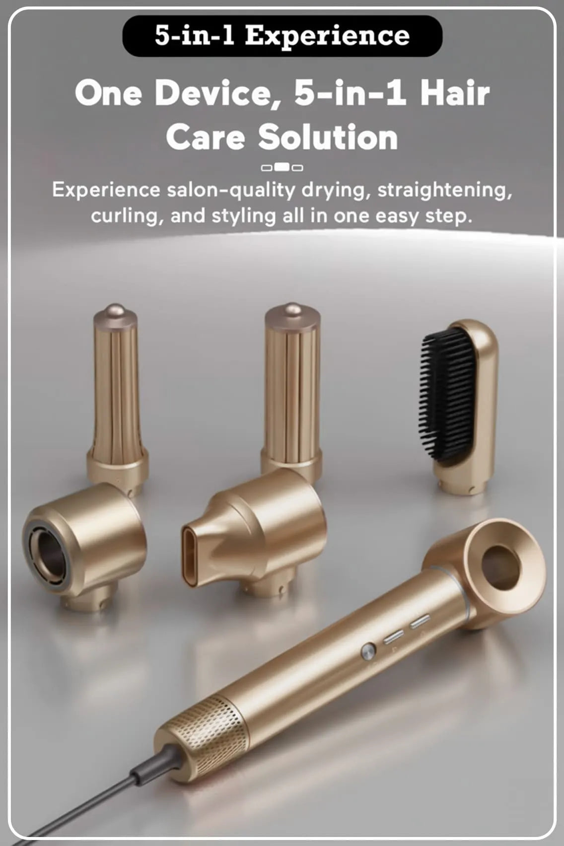 Toree 5-in-1 Hair Styling Tool Set - Multi-Function Hair Dryer, Curler, Straightener & Volumizer - Golden