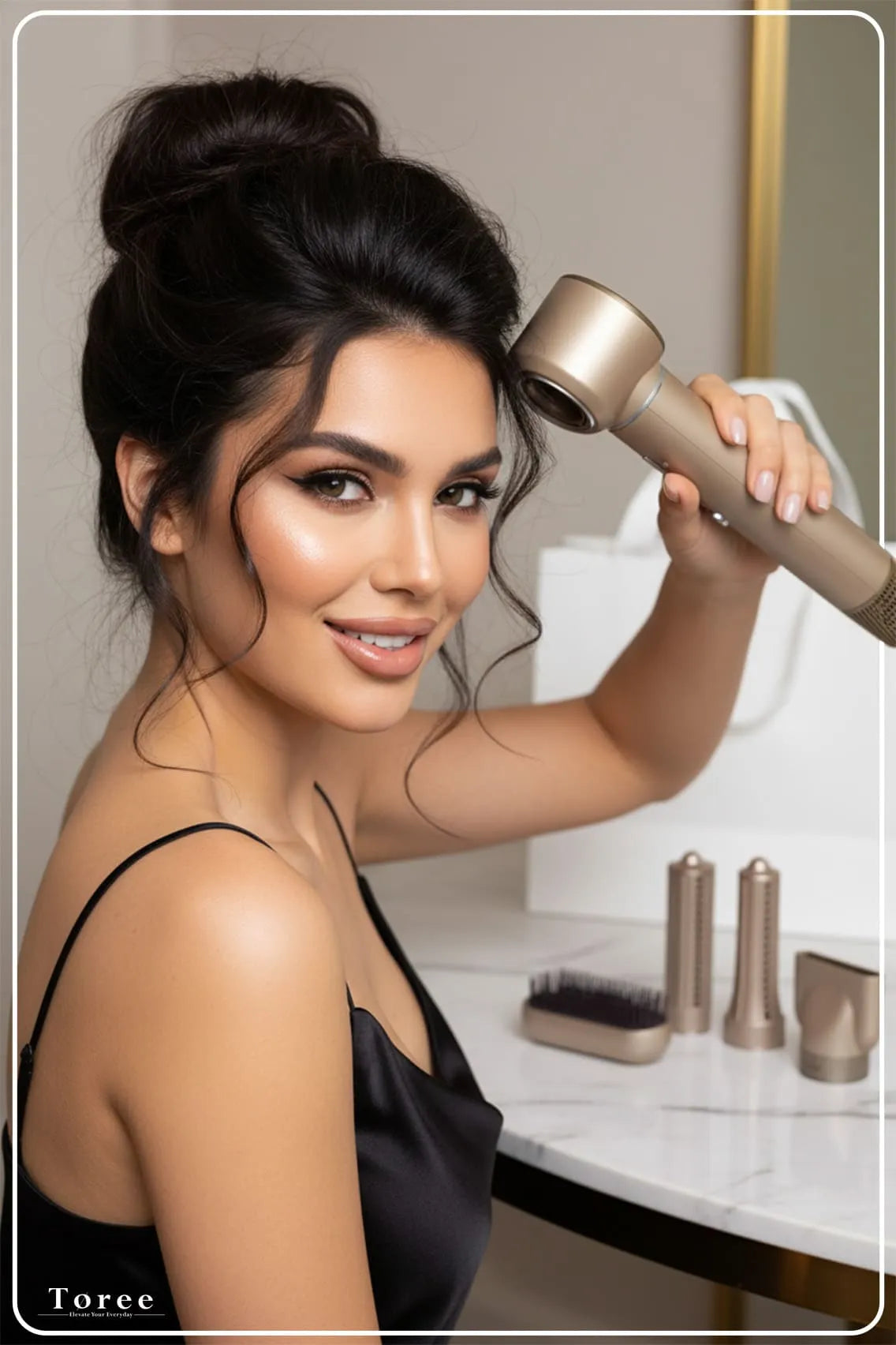 Toree 5-in-1 Hair Styling Tool Set - Multi-Function Hair Dryer, Curler, Straightener & Volumizer - Golden