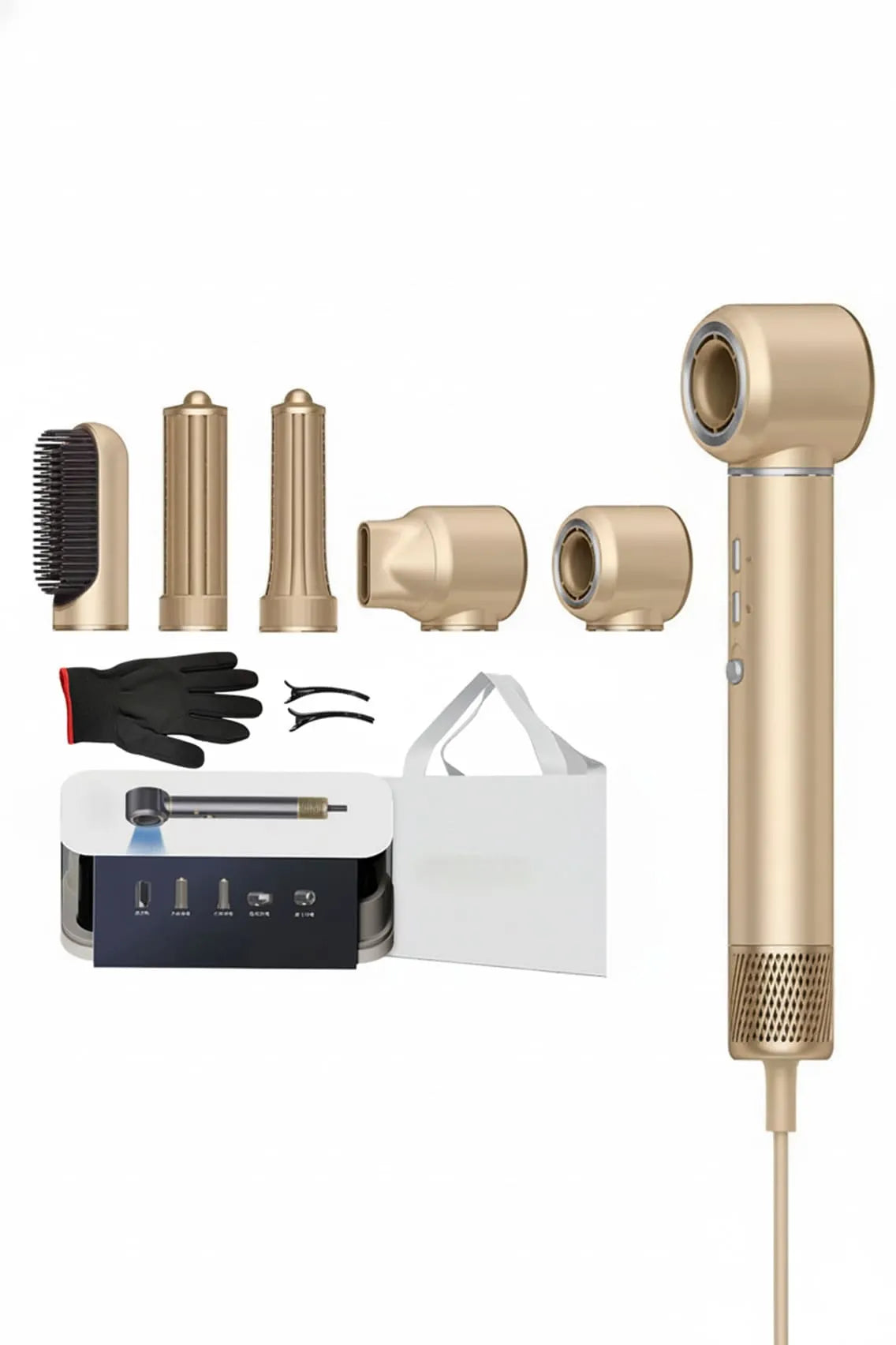 Toree 5-in-1 Hair Styling Tool Set - Multi-Function Hair Dryer, Curler, Straightener & Volumizer - Golden