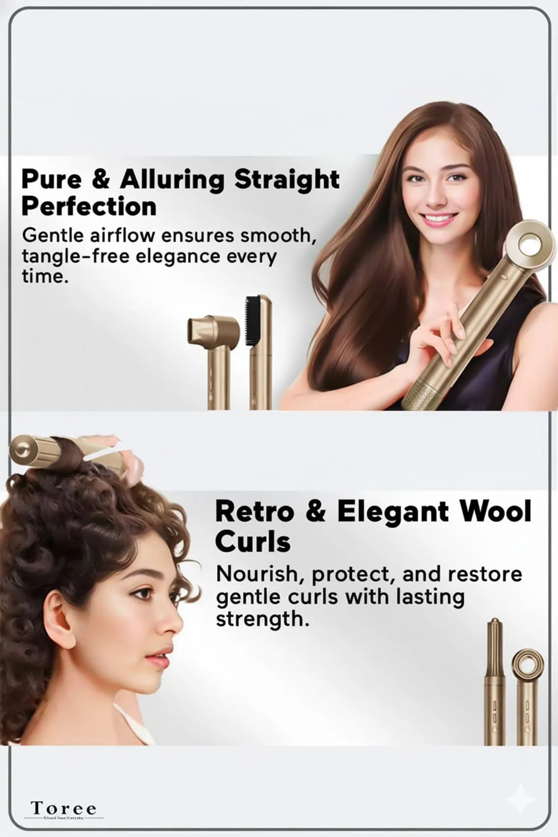 Toree 5-in-1 Hair Styling Tool Set - Multi-Function Hair Dryer, Curler, Straightener & Volumizer - Golden