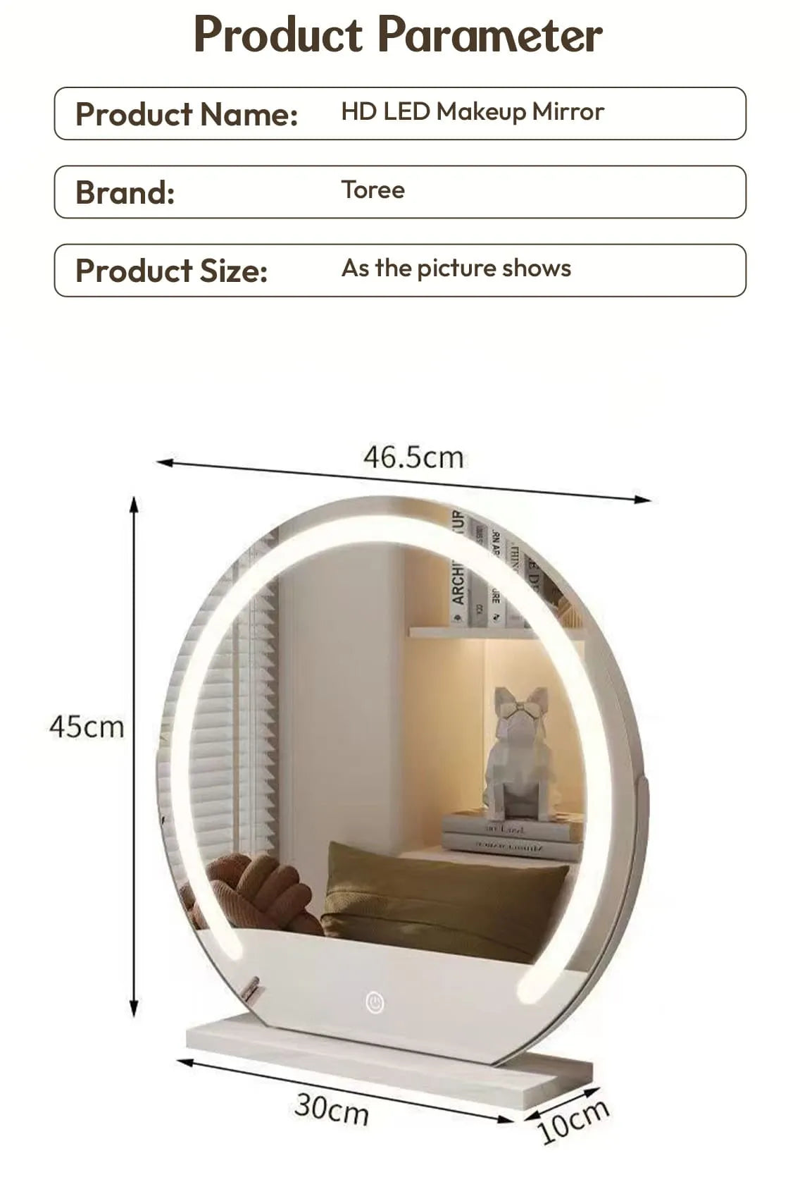 Toree HD LED Round Makeup Mirror with Touch Control, 3 Light Modes, Adjustable Brightness, Explosion-Proof Glass, 45cm Vanity Mirror