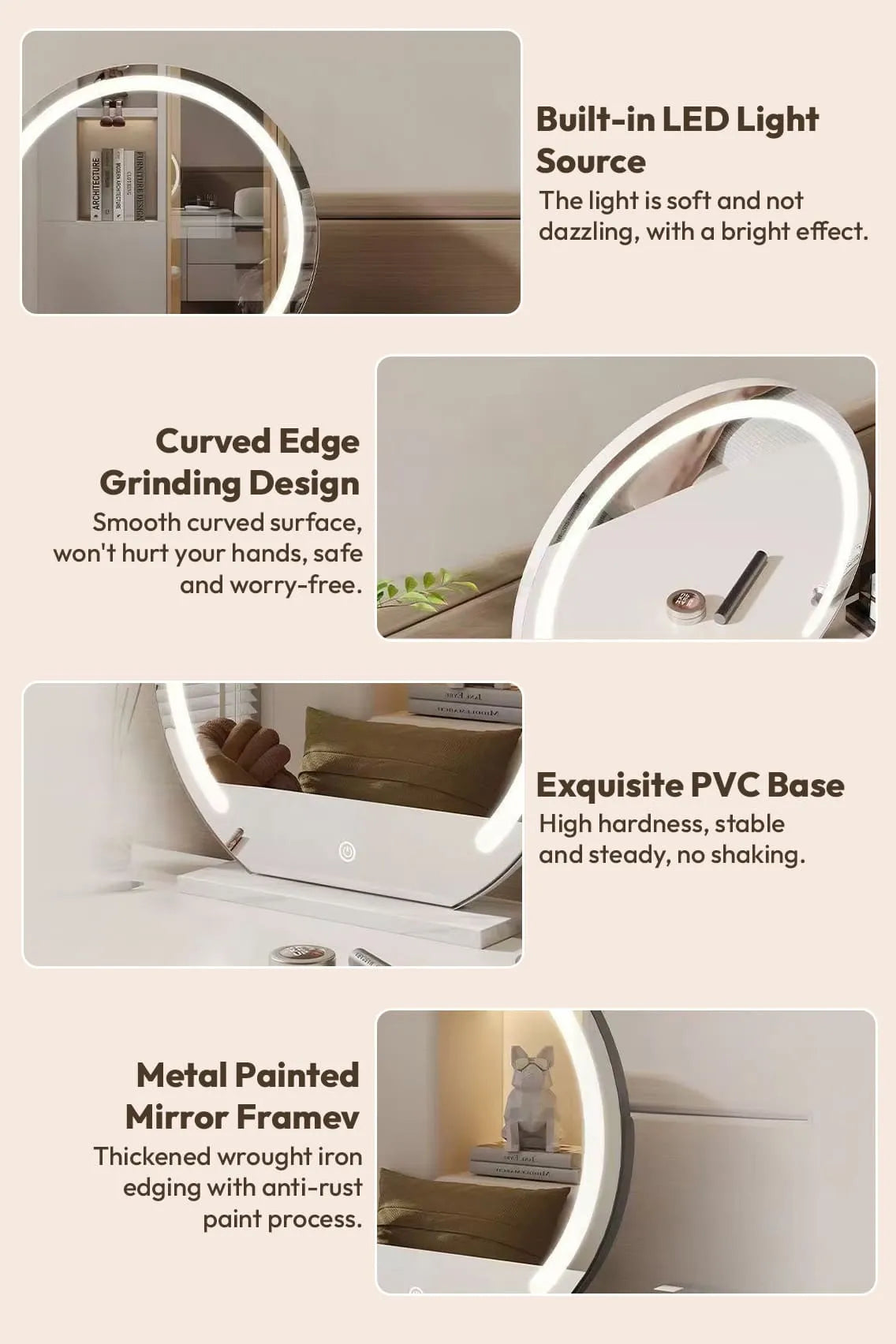 Toree HD LED Round Makeup Mirror with Touch Control, 3 Light Modes, Adjustable Brightness, Explosion-Proof Glass, 45cm Vanity Mirror