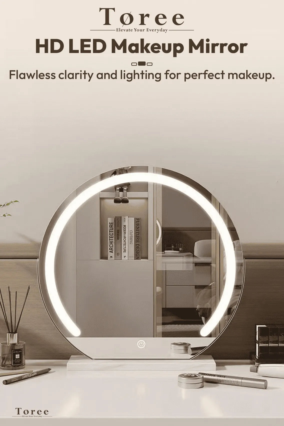 Toree HD LED Round Makeup Mirror with Touch Control, 3 Light Modes, Adjustable Brightness, Explosion-Proof Glass, 45cm Vanity Mirror