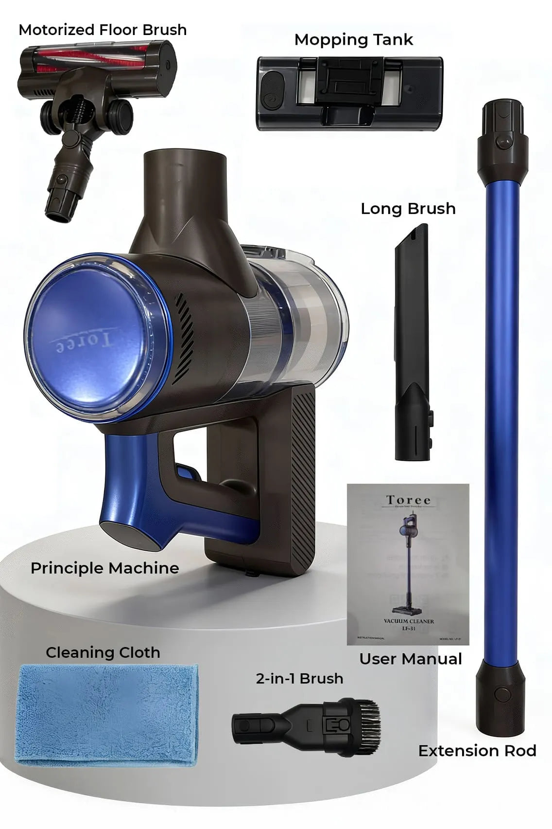 Toree 4 in 1 Handheld Vacuum Cleaner 16kPa Suction 500W Power Anti Tangle Brush LED Floor Cleaner