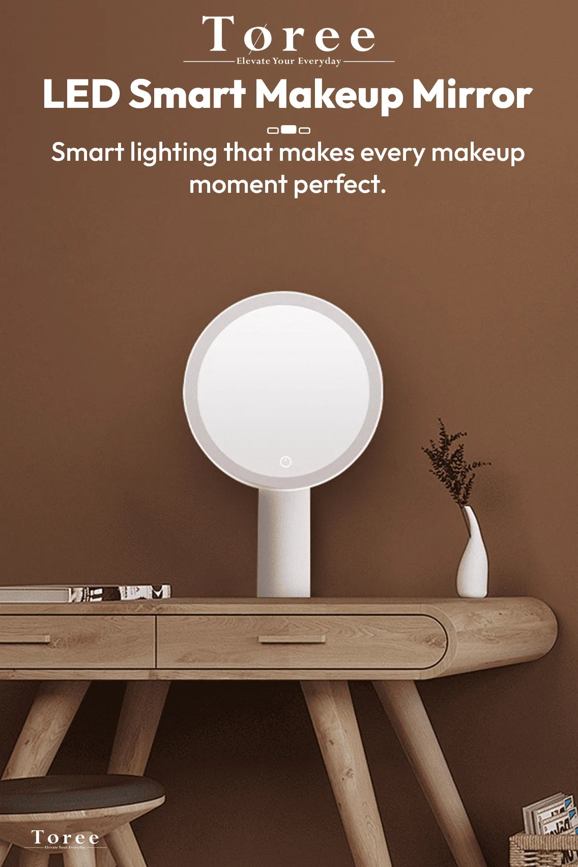 Toree Premium LED Smart Makeup Mirror | 360° Ring Light, Touch Dimming, Adjustable 0–90° Angle, 2400mAh Rechargeable, True Color HD Reflection