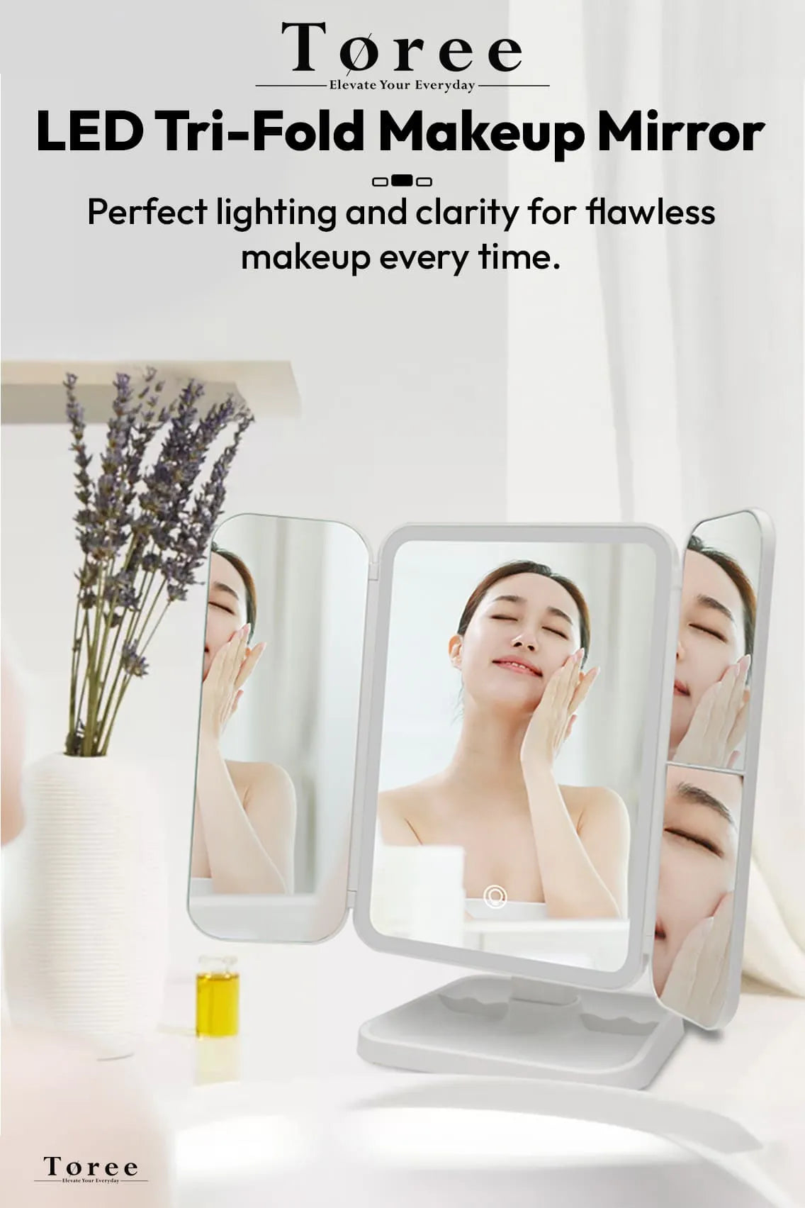 Toree LED Tri-Fold Makeup Mirror with 52 High-CRI Lights | 3-Color Lighting Modes, Stepless Dimming, 2000mAh Rechargeable Battery, 270° Shadow-Free Design, Smart Storage Base