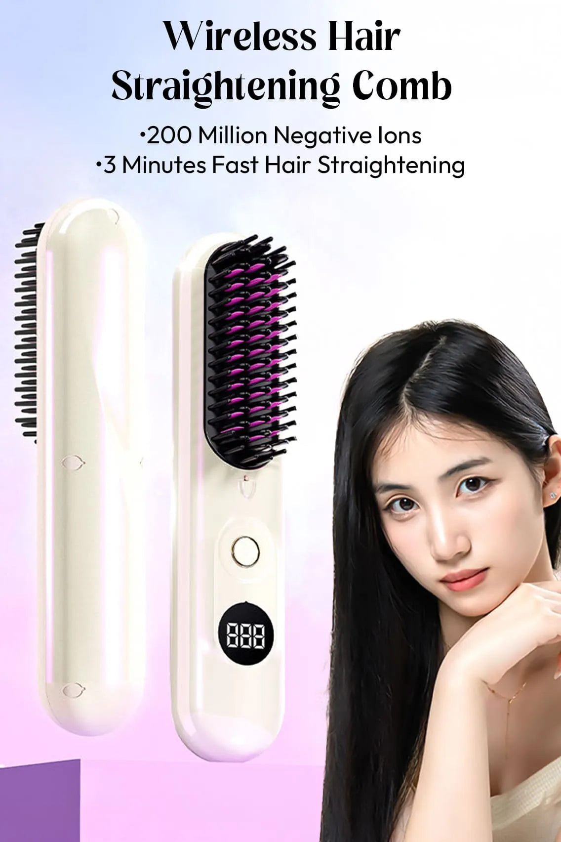 Portable Comb - Wireless Hair Straightening Comb with 200 Million Negative Ions – Anti-Frizz Ionic Brush, Fast 3-Minute Styling, LCD Display, 6 Heat Settings, Portable & Rechargeable (4000mAh)