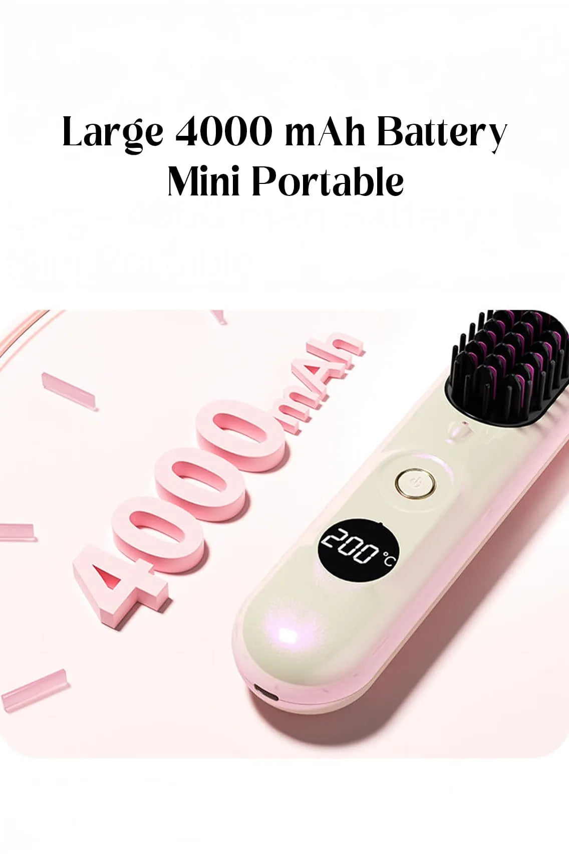 Portable Comb - Wireless Hair Straightening Comb with 200 Million Negative Ions – Anti-Frizz Ionic Brush, Fast 3-Minute Styling, LCD Display, 6 Heat Settings, Portable & Rechargeable (4000mAh)