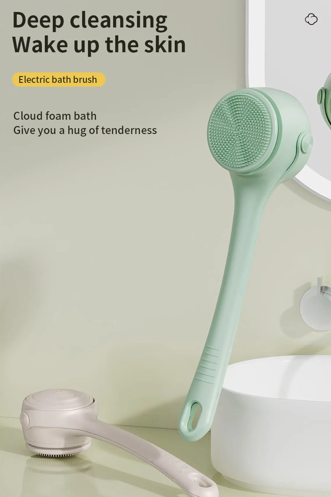 Electric Bath Brush for Body & Face Cleansing Brush with Long Handle – Rechargeable Exfoliating Shower Tool