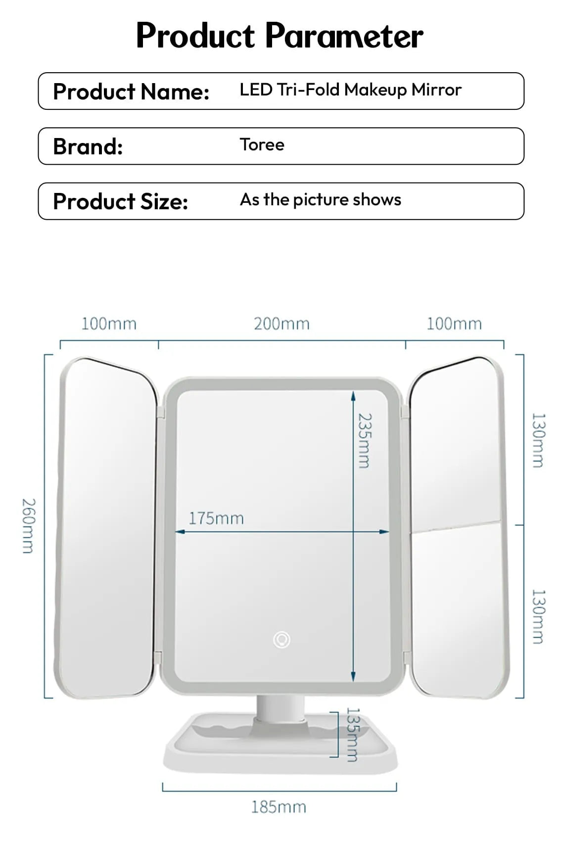 Toree LED Tri-Fold Makeup Mirror with 52 High-CRI Lights | 3-Color Lighting Modes, Stepless Dimming, 2000mAh Rechargeable Battery, 270° Shadow-Free Design, Smart Storage Base