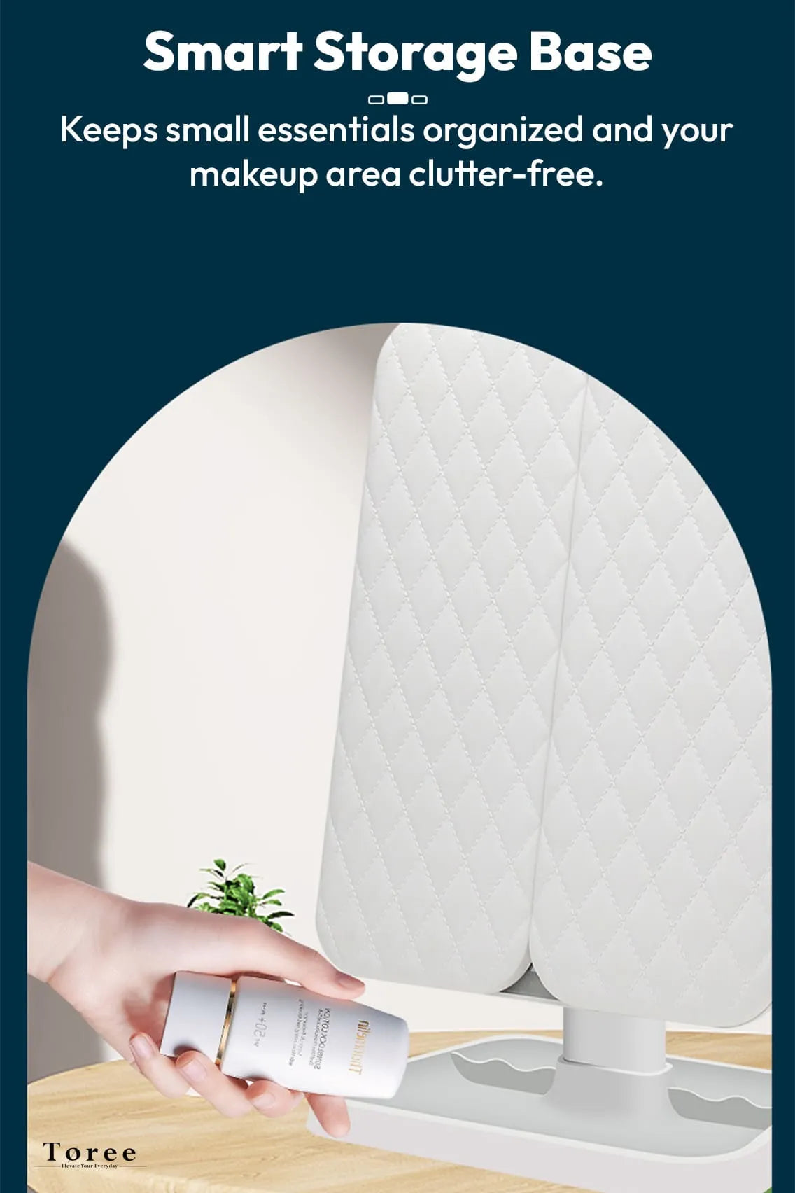 Toree LED Tri-Fold Makeup Mirror with 52 High-CRI Lights | 3-Color Lighting Modes, Stepless Dimming, 2000mAh Rechargeable Battery, 270° Shadow-Free Design, Smart Storage Base