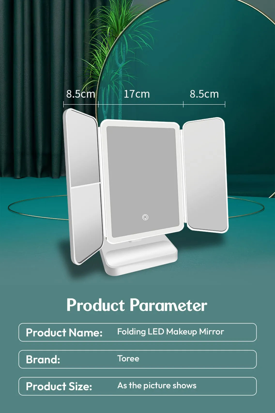 Toree Folding LED Makeup Mirror with 3 Light Modes & Touch Control | 52 LED Beads, 2000mAh Battery, 270° Rotation, 3-Panel Magnification