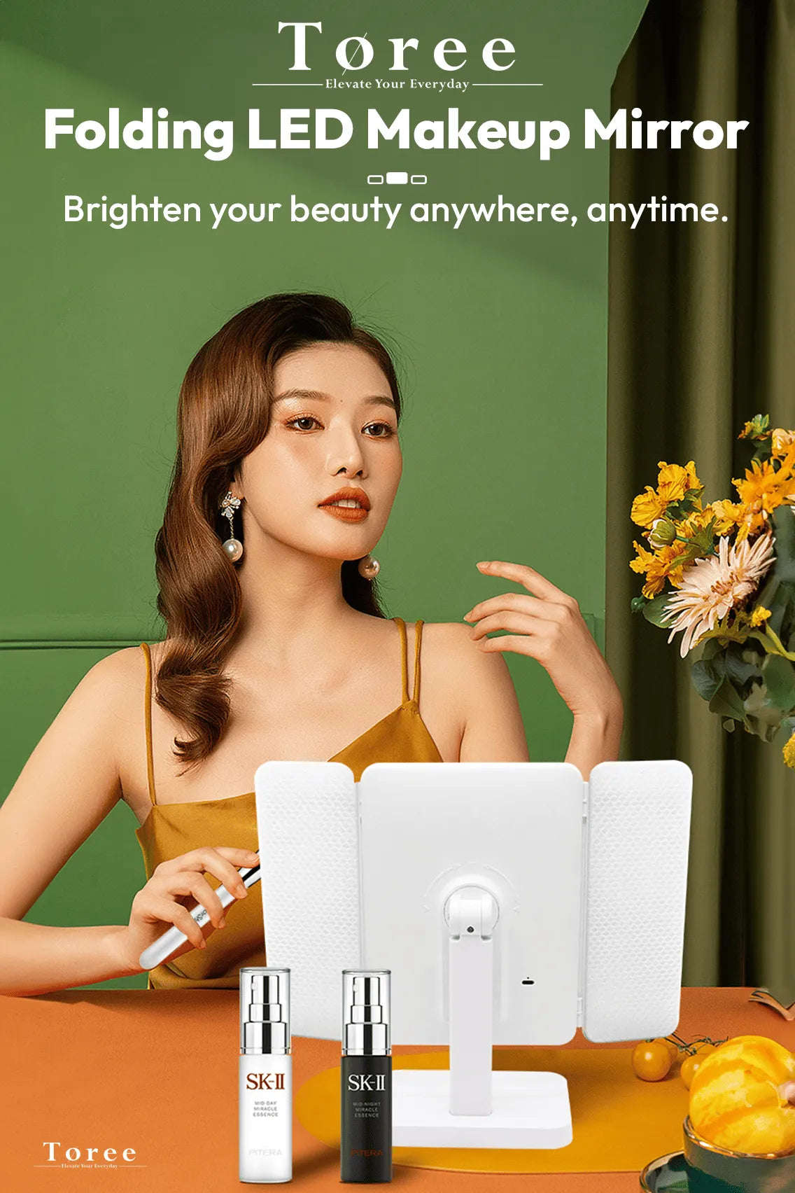 Toree Folding LED Makeup Mirror with 3 Light Modes & Touch Control | 52 LED Beads, 2000mAh Battery, 270° Rotation, 3-Panel Magnification