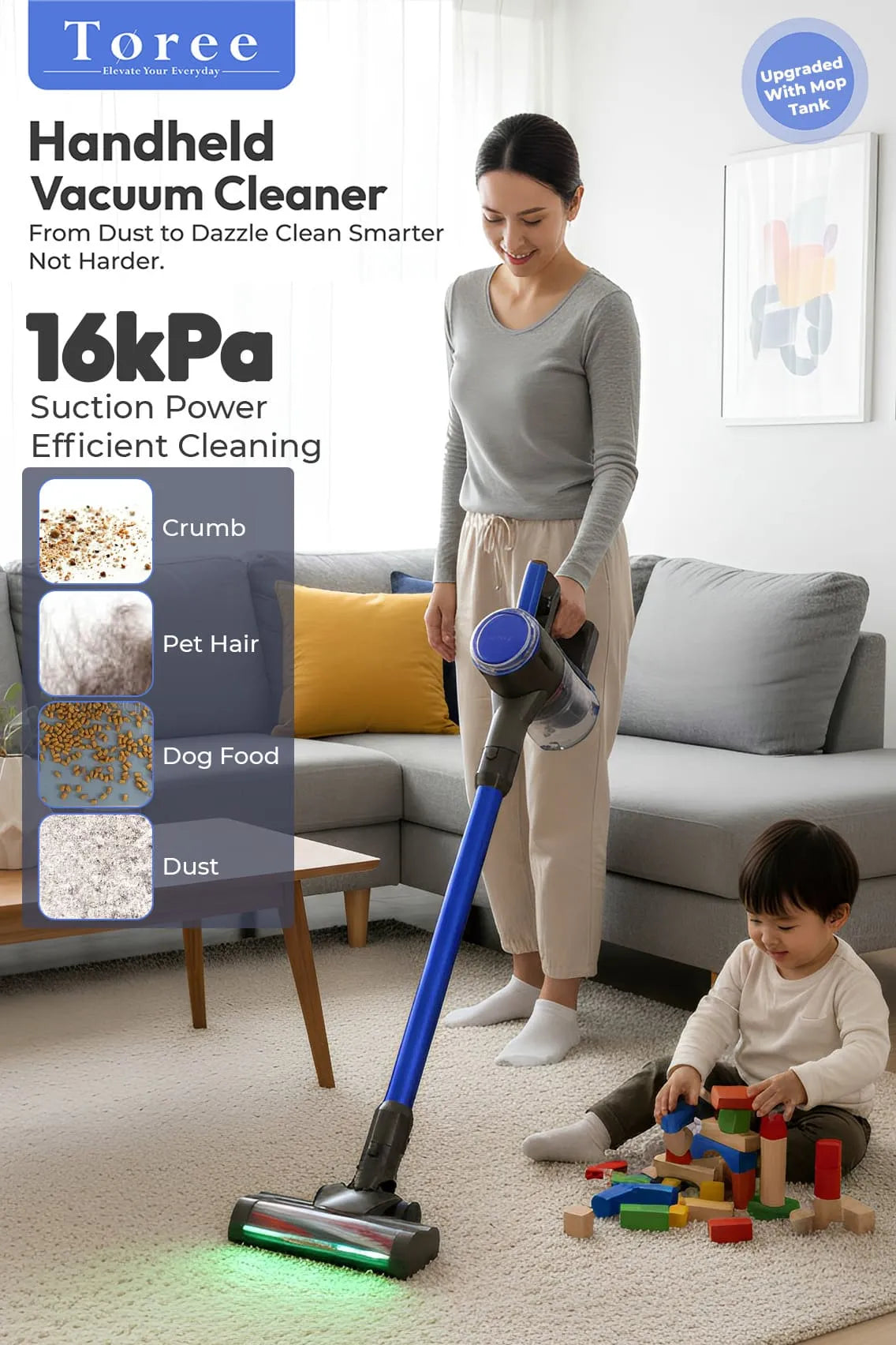 Toree 4 in 1 Handheld Vacuum Cleaner 16kPa Suction 500W Power Anti Tangle Brush LED Floor Cleaner
