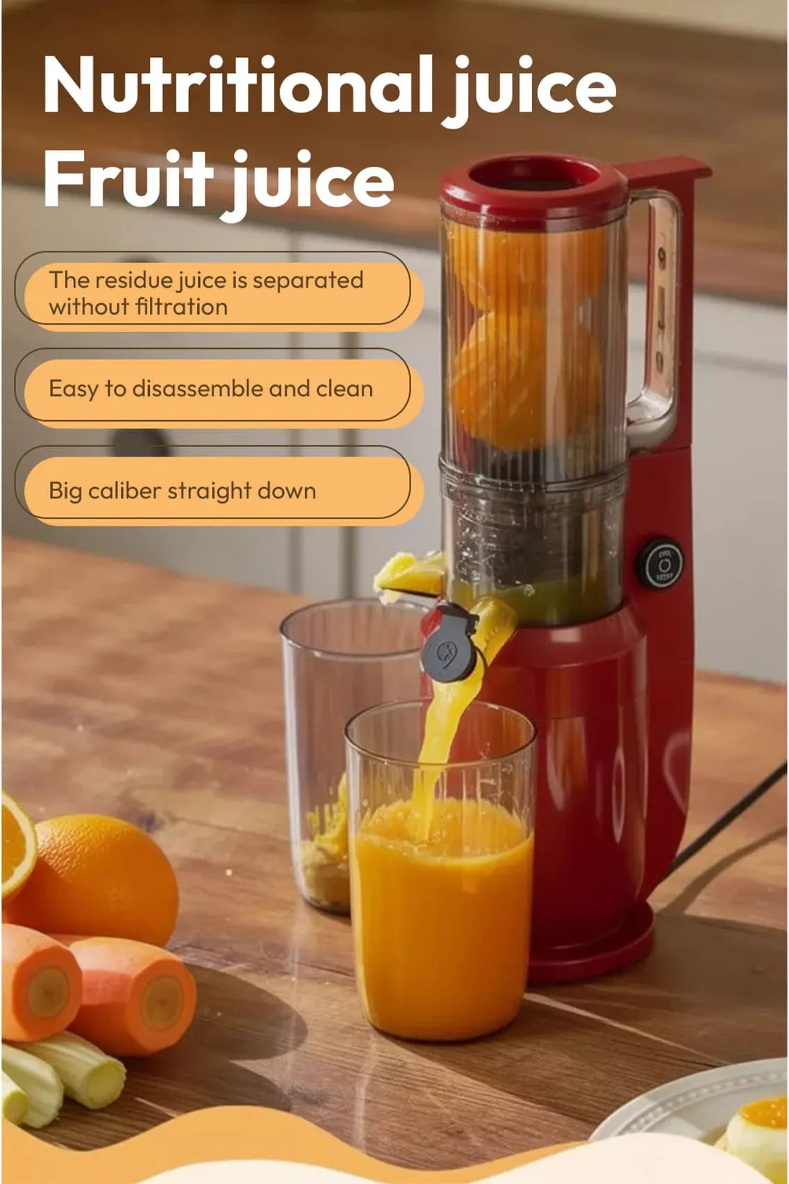 Toree Slow Masticating Juicer 148mm Large Feed Chute | Cold Press Juicer for Whole Fruits & Vegetables | High Juice Yield, Easy Clean, 300W Motor - Red