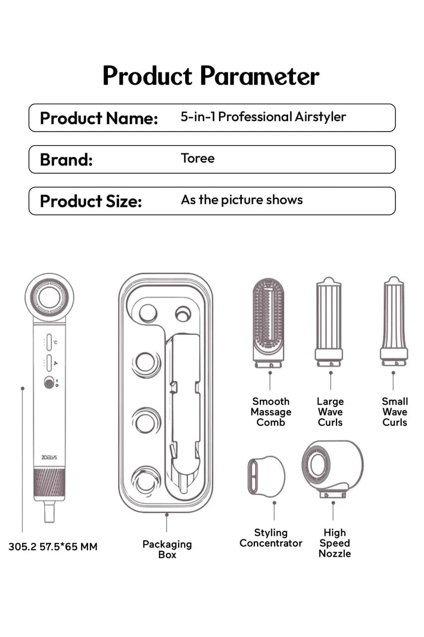 Toree 5-in-1 Hair Styling Tool Set - Multi-Function Hair Dryer, Curler, Straightener & Volumizer - Golden