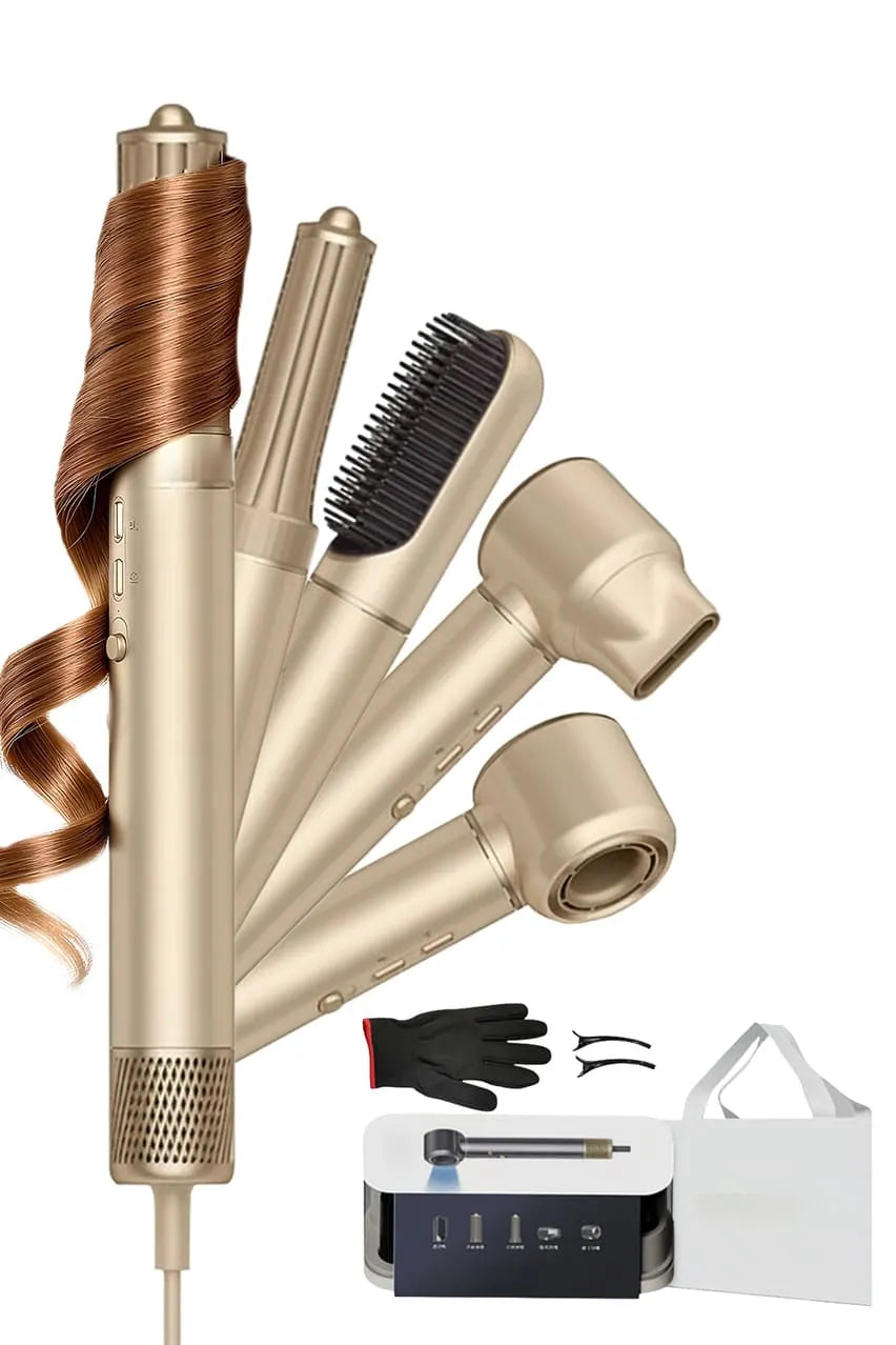 Toree 5-in-1 Hair Styling Tool Set - Multi-Function Hair Dryer, Curler, Straightener & Volumizer - Golden