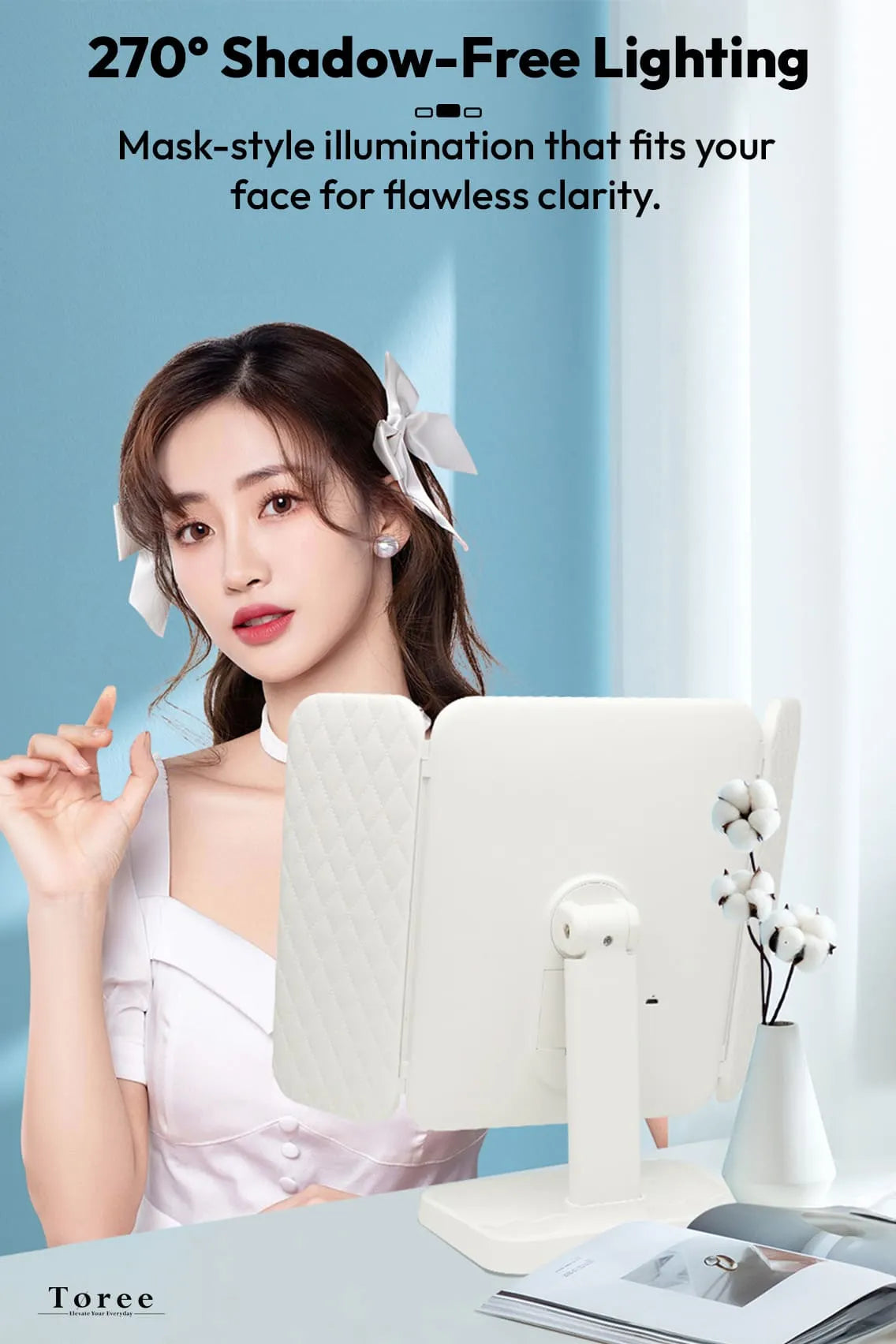 Toree LED Tri-Fold Makeup Mirror with 52 High-CRI Lights | 3-Color Lighting Modes, Stepless Dimming, 2000mAh Rechargeable Battery, 270° Shadow-Free Design, Smart Storage Base