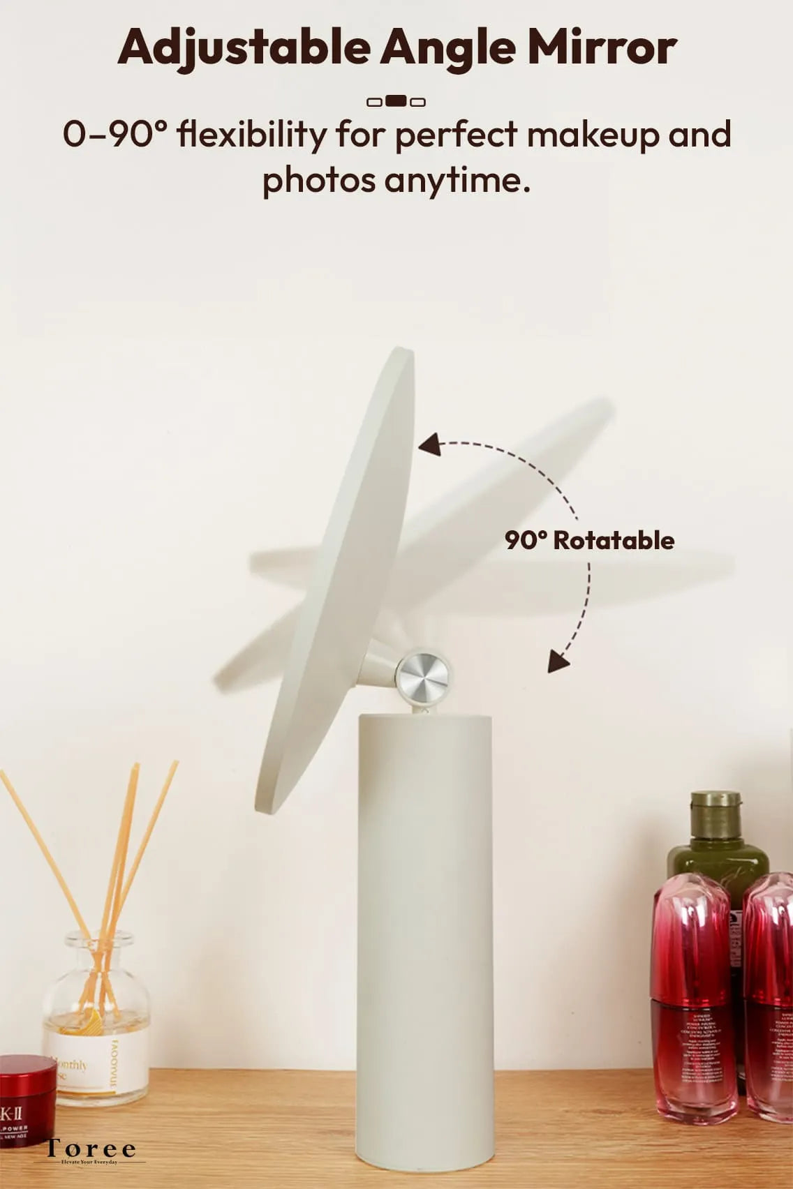 Toree Premium LED Smart Makeup Mirror | 360° Ring Light, Touch Dimming, Adjustable 0–90° Angle, 2400mAh Rechargeable, True Color HD Reflection