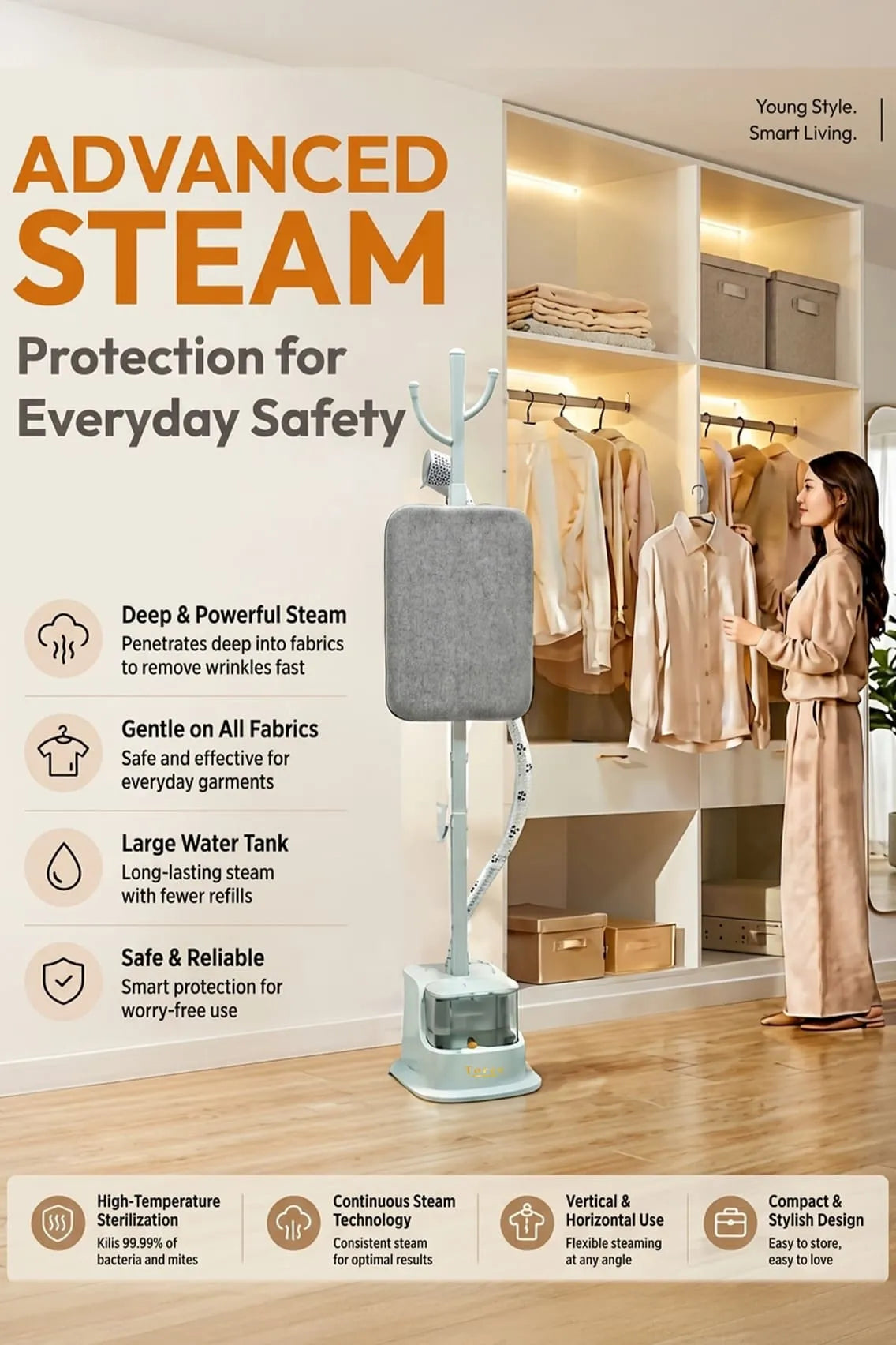 Toree Professional Garment Steamer for Clothes 2000W, 40g/min Steam Output, Standing Steam Iron with Board, 1.8L Tank & Adjustable Height - Green