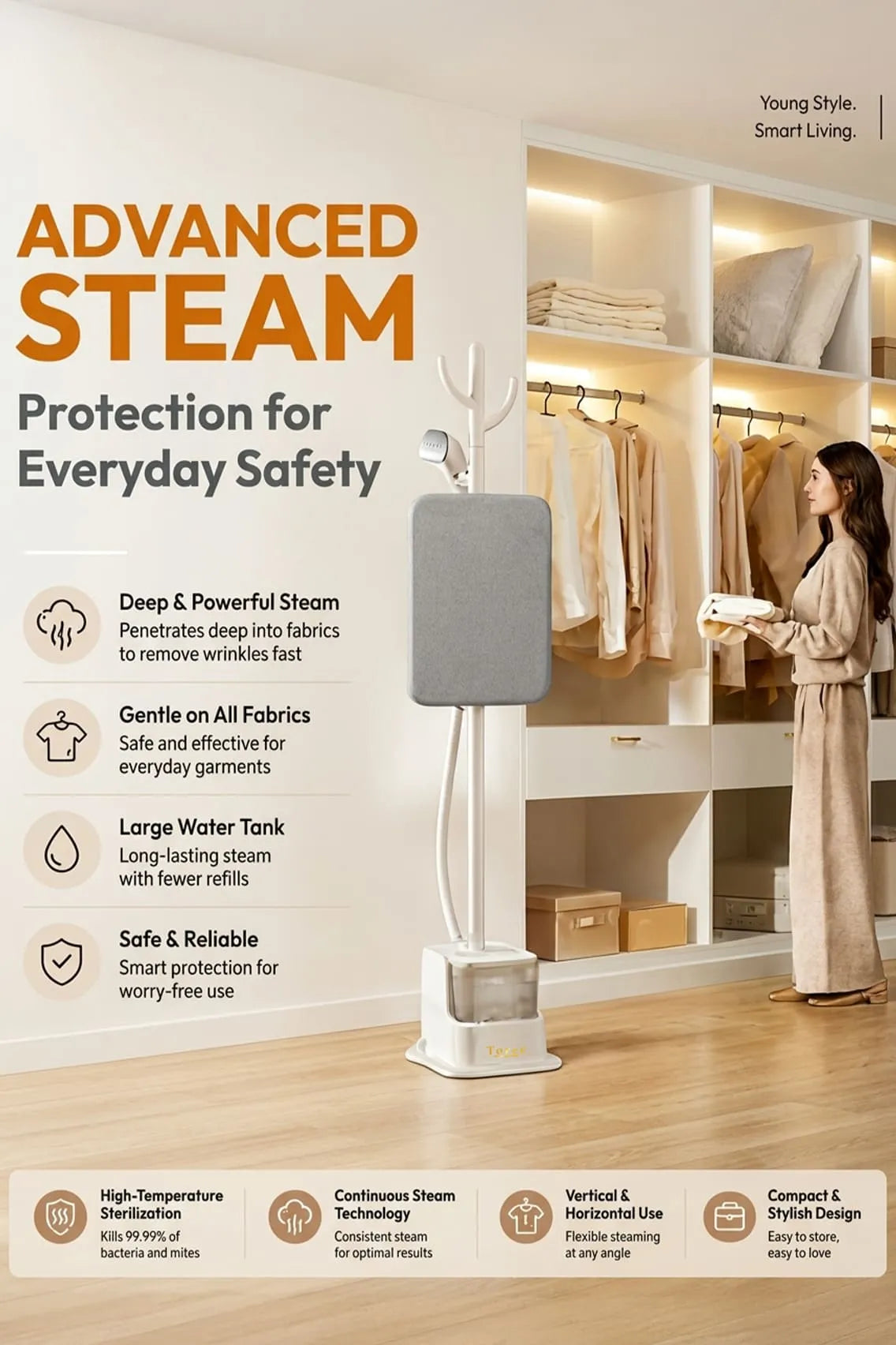 Toree Professional Garment Steamer for Clothes 2000W, 40g/min Steam Output, Standing Steam Iron with Board, 1.8L Tank & Adjustable Height - White