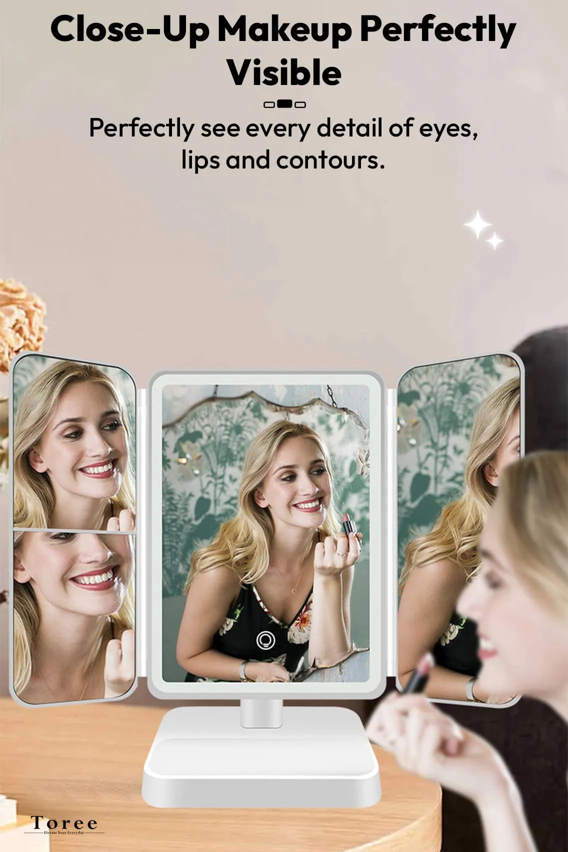 Toree Folding LED Makeup Mirror with 3 Light Modes & Touch Control | 52 LED Beads, 2000mAh Battery, 270° Rotation, 3-Panel Magnification