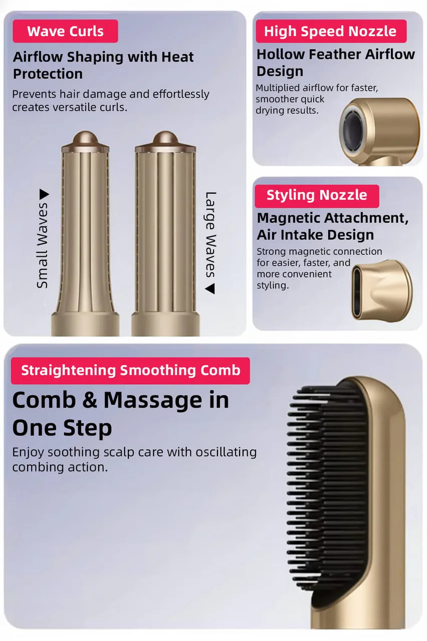 Toree 5-in-1 Hair Styling Tool Set - Multi-Function Hair Dryer, Curler, Straightener & Volumizer - Golden