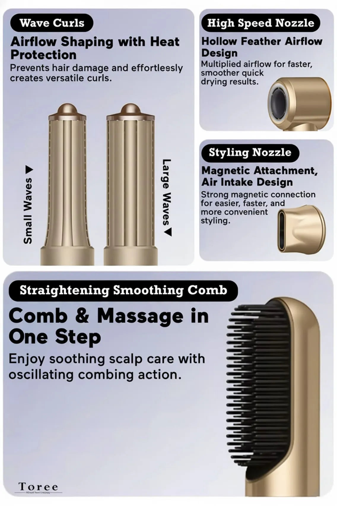 Toree 5-in-1 Hair Styling Tool Set - Multi-Function Hair Dryer, Curler, Straightener & Volumizer - Golden