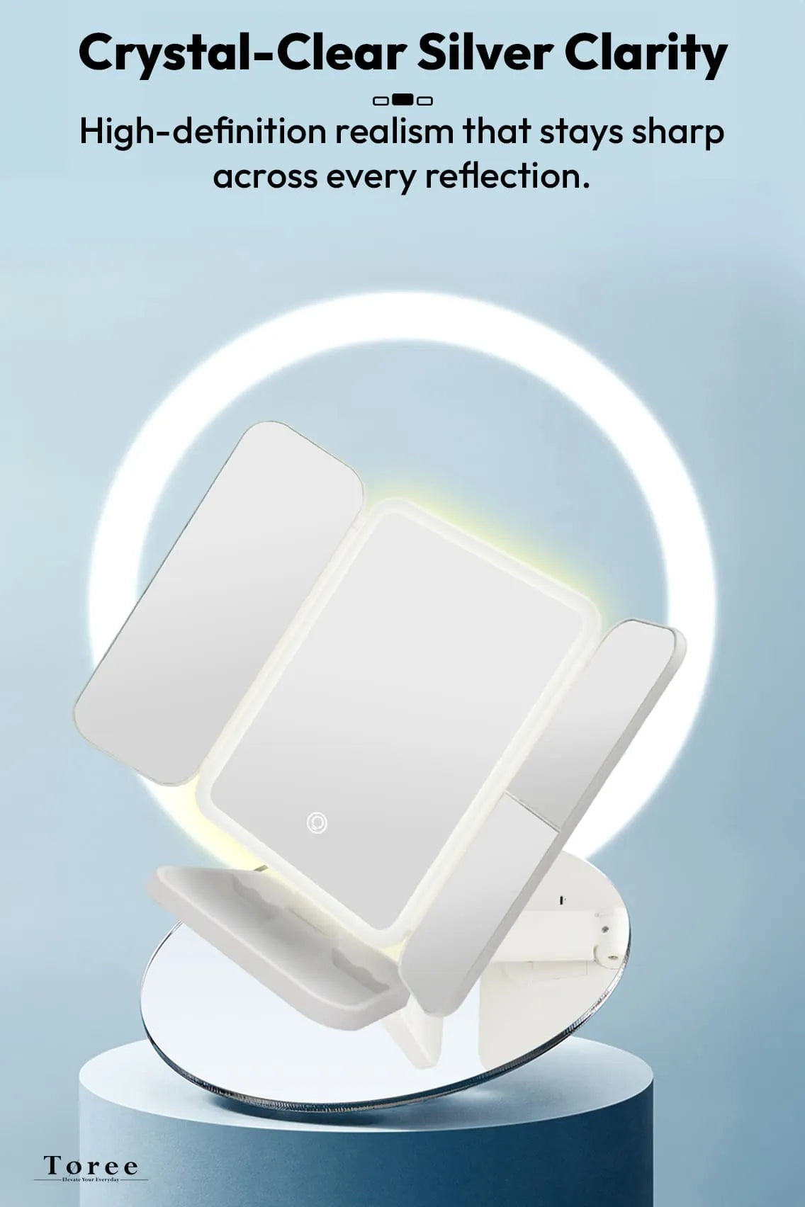 Toree LED Tri-Fold Makeup Mirror with 52 High-CRI Lights | 3-Color Lighting Modes, Stepless Dimming, 2000mAh Rechargeable Battery, 270° Shadow-Free Design, Smart Storage Base