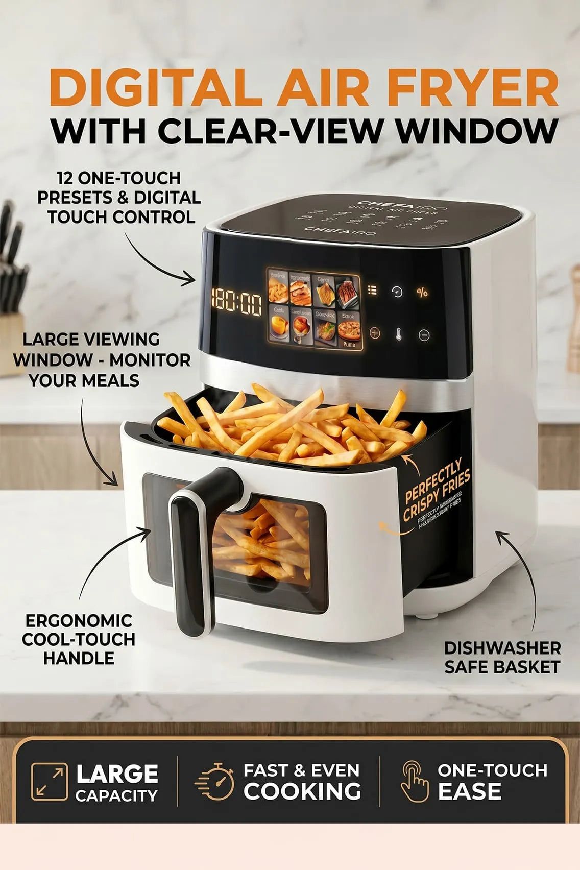 Toree Digital Air Fryer 6L with Viewing Window, 12 Presets, 1350W Rapid Heating, Oil-Free Cooking & Accessory Set