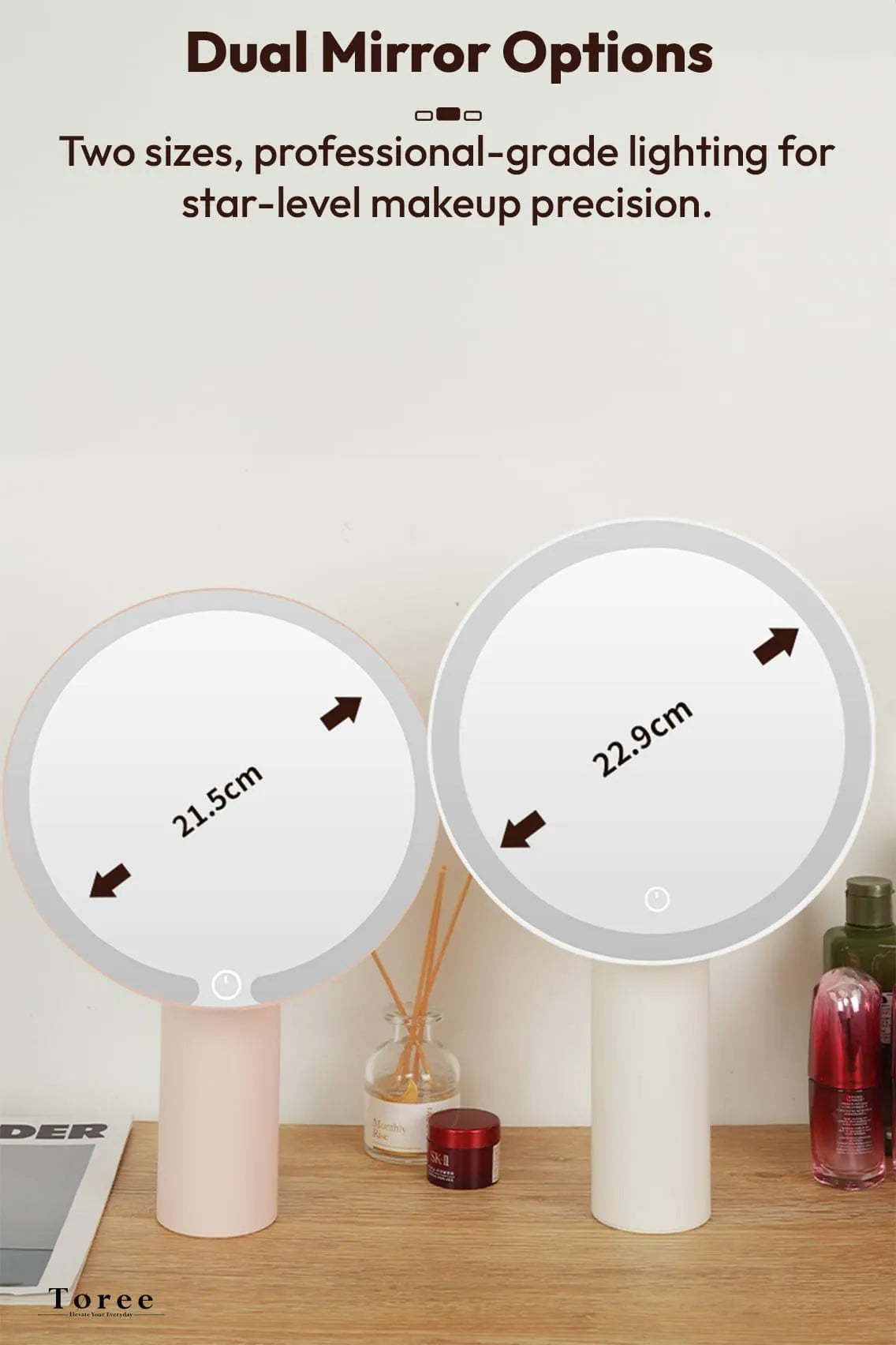 Toree Premium LED Smart Makeup Mirror | 360° Ring Light, Touch Dimming, Adjustable 0–90° Angle, 2400mAh Rechargeable, True Color HD Reflection