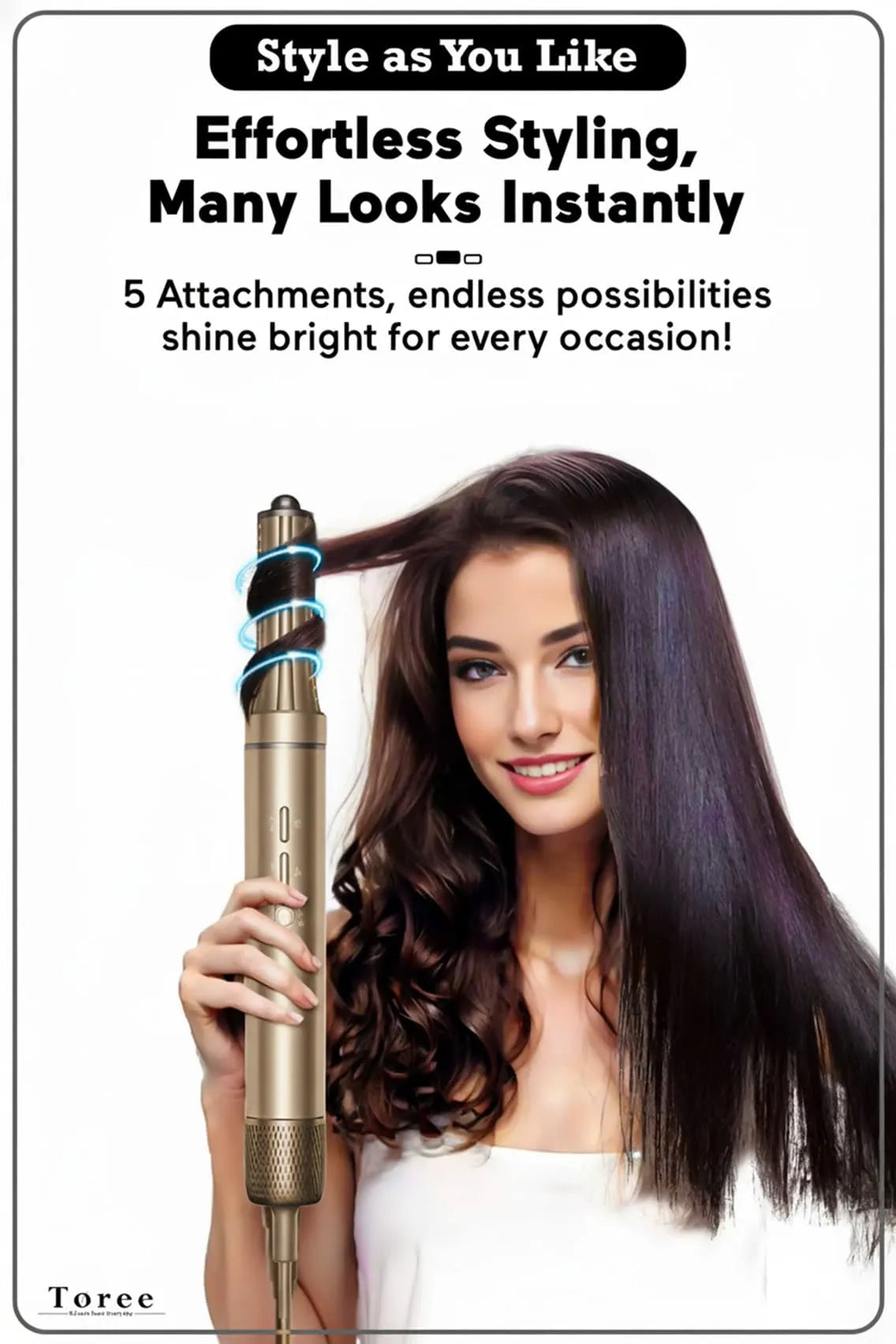 Toree 5-in-1 Hair Styling Tool Set - Multi-Function Hair Dryer, Curler, Straightener & Volumizer - Golden