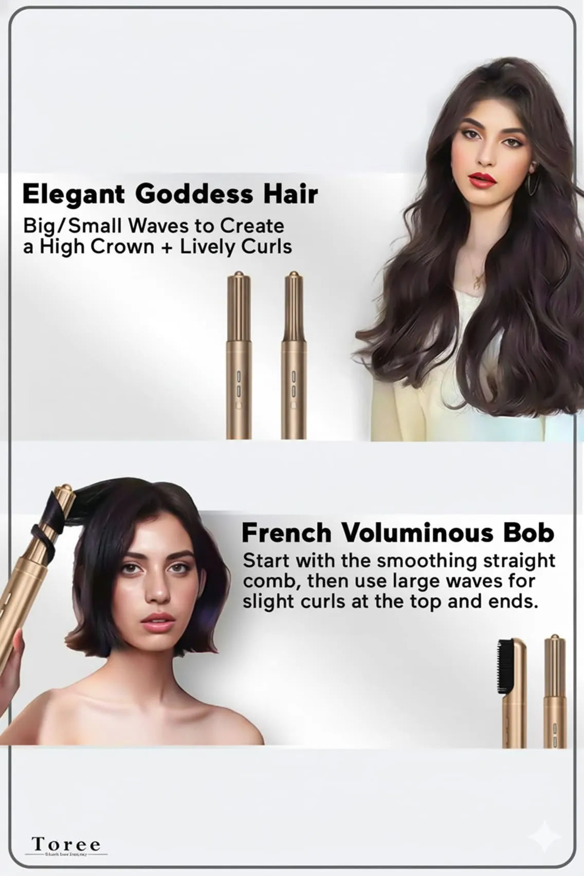 Toree 5-in-1 Hair Styling Tool Set - Multi-Function Hair Dryer, Curler, Straightener & Volumizer - Golden