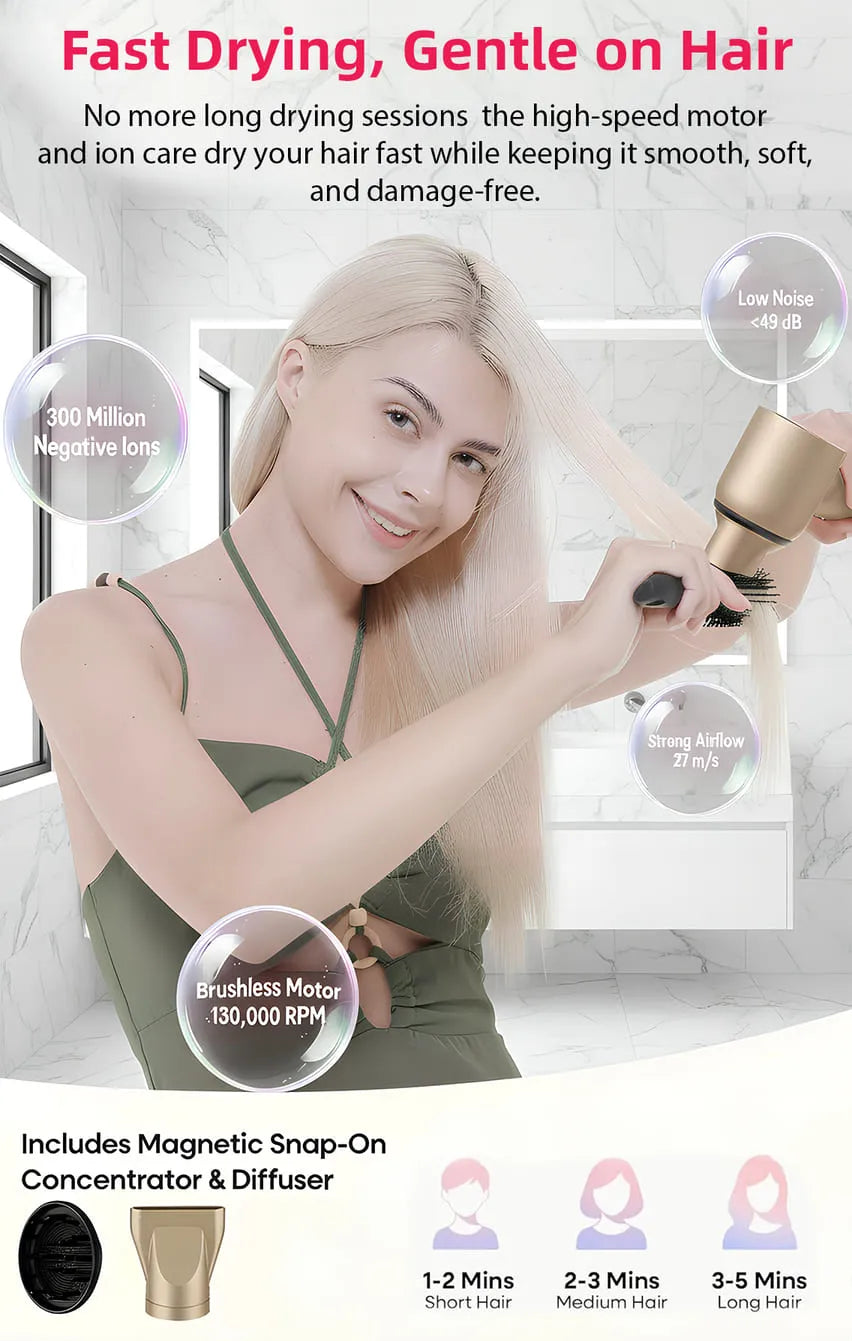 Toree 5-in-1 Hair Styling Tool Set - Multi-Function Hair Dryer, Curler, Straightener & Volumizer - Golden