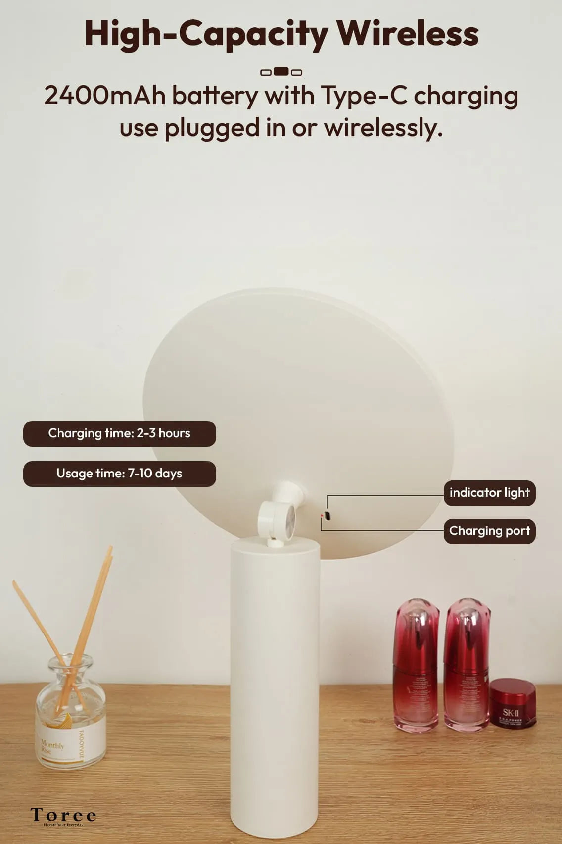 Toree Premium LED Smart Makeup Mirror | 360° Ring Light, Touch Dimming, Adjustable 0–90° Angle, 2400mAh Rechargeable, True Color HD Reflection