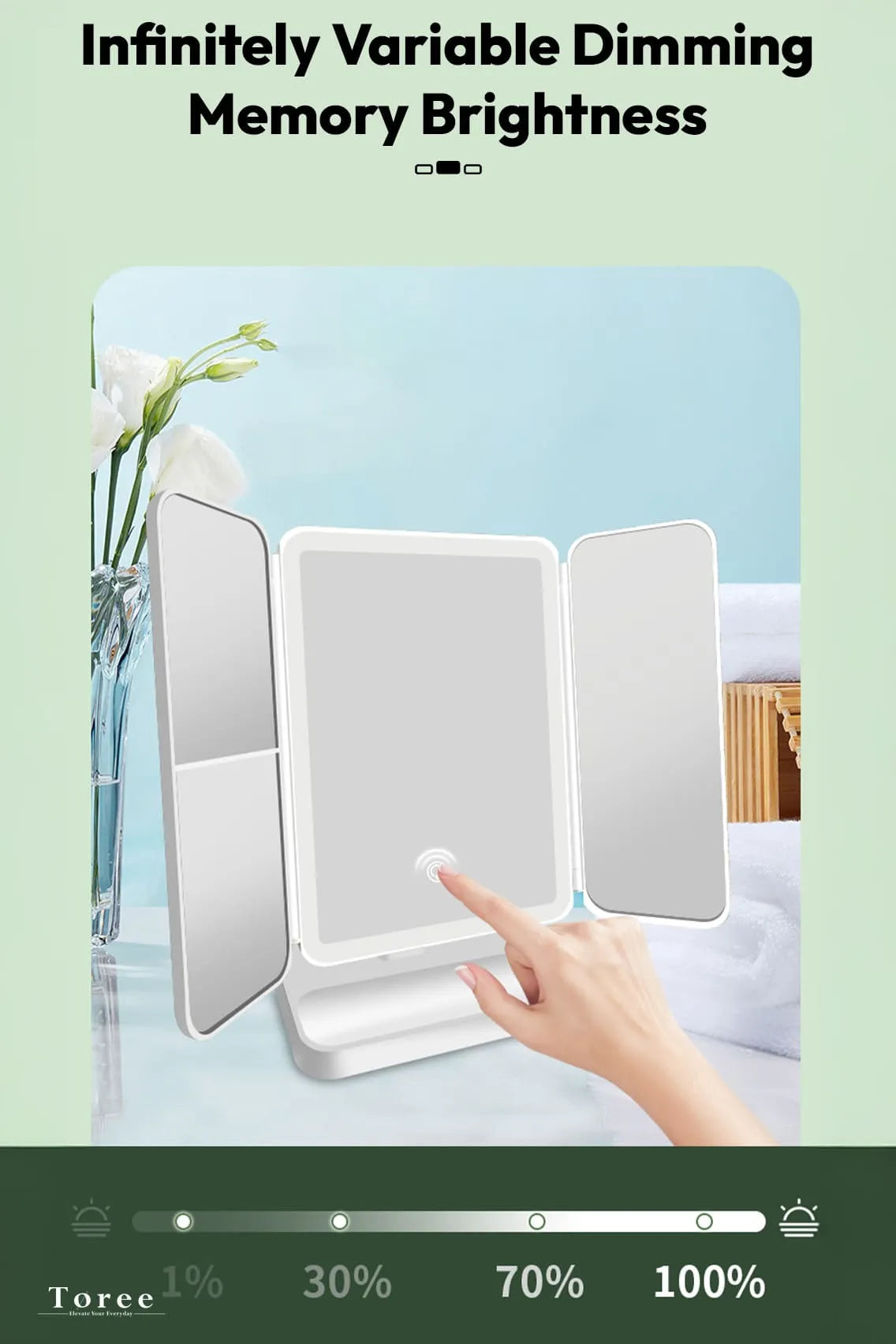 Toree Folding LED Makeup Mirror with 3 Light Modes & Touch Control | 52 LED Beads, 2000mAh Battery, 270° Rotation, 3-Panel Magnification