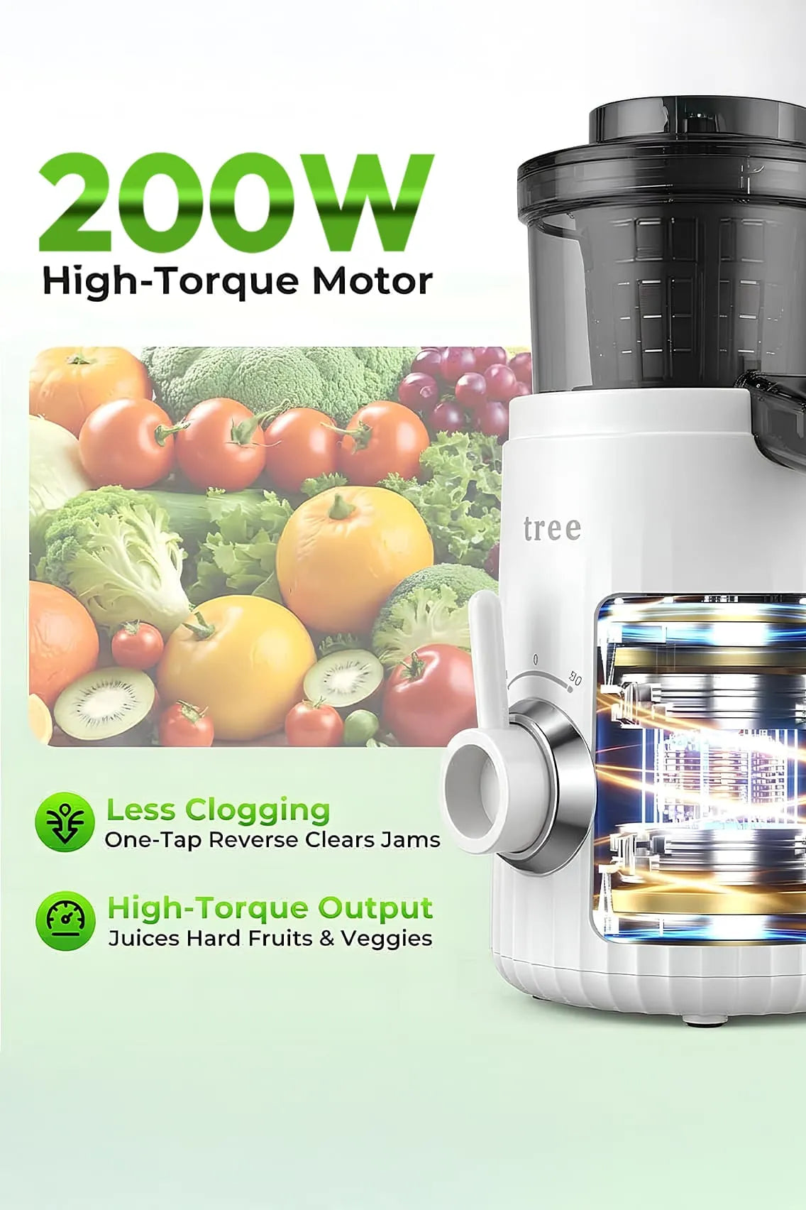 Toree 200W Slow Juicer Machine, Cold Press Juicer with 10.5cm Wide Mouth, High Torque Motor, Easy Clean, Anti-Clog Reverse Function - White