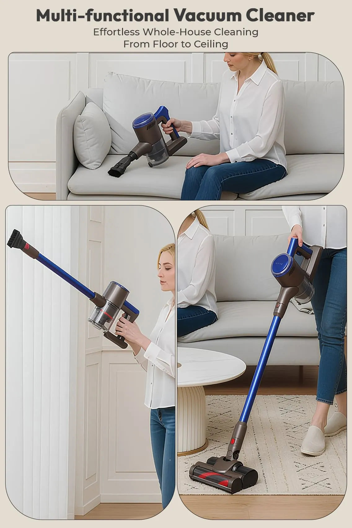 Toree 4 in 1 Handheld Vacuum Cleaner 16kPa Suction 500W Power Anti Tangle Brush LED Floor Cleaner
