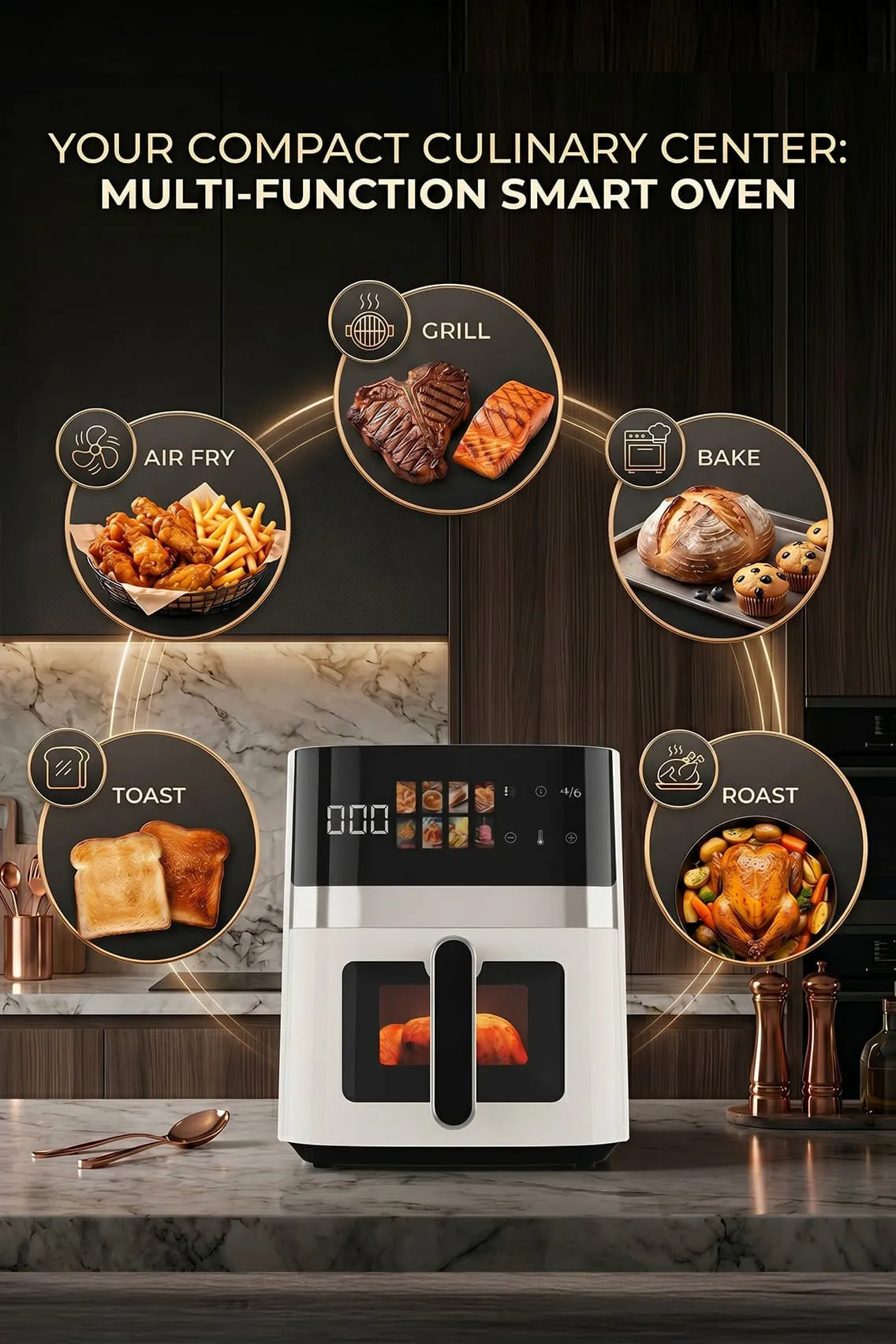Toree Digital Air Fryer 6L with Viewing Window, 12 Presets, 1350W Rapid Heating, Oil-Free Cooking & Accessory Set
