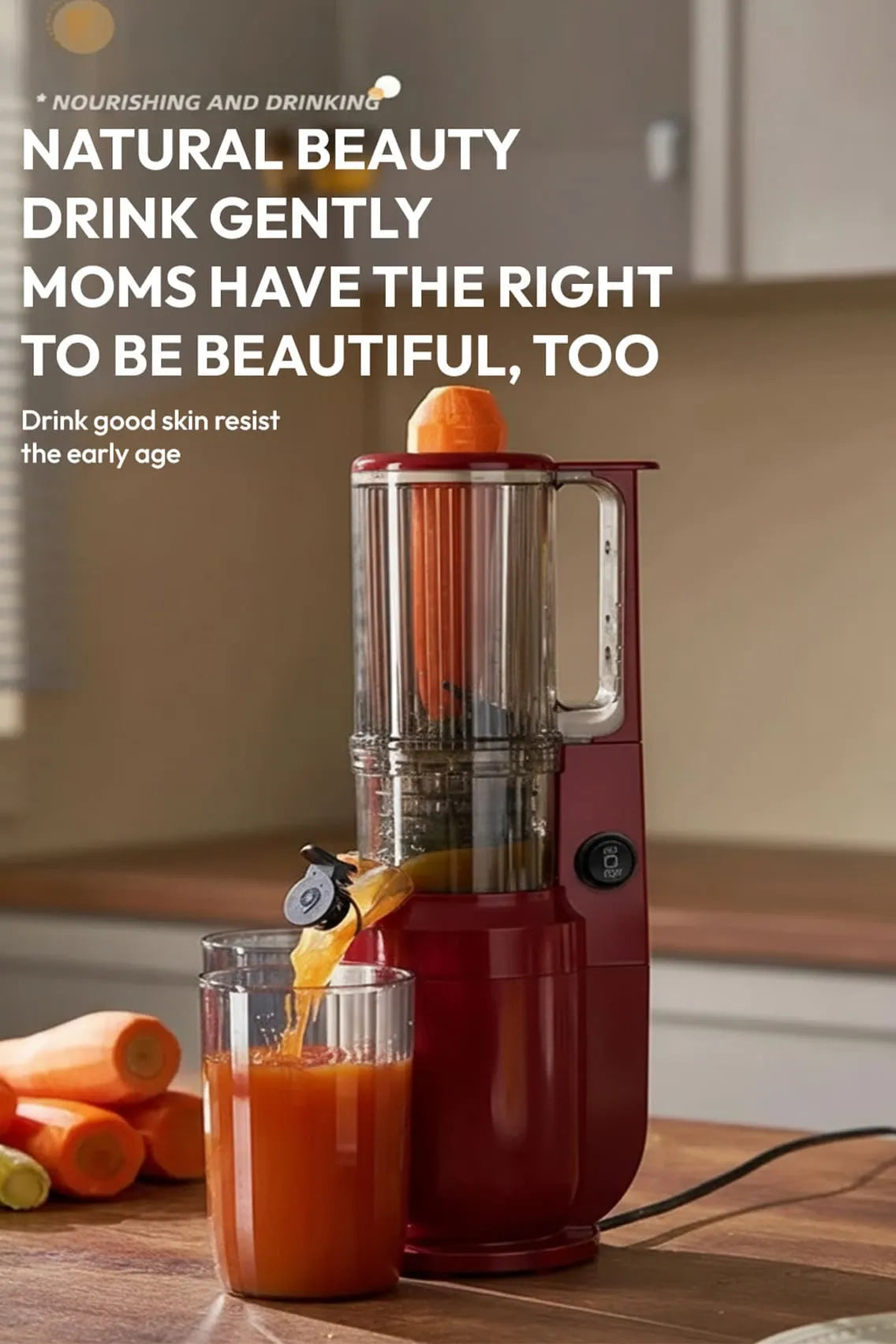 Toree Slow Masticating Juicer 148mm Large Feed Chute | Cold Press Juicer for Whole Fruits & Vegetables | High Juice Yield, Easy Clean, 300W Motor - Red