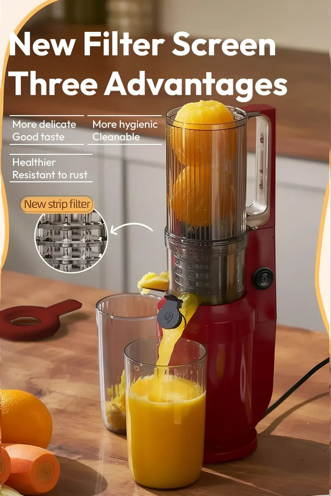 Toree Slow Masticating Juicer 148mm Large Feed Chute | Cold Press Juicer for Whole Fruits & Vegetables | High Juice Yield, Easy Clean, 300W Motor - Red