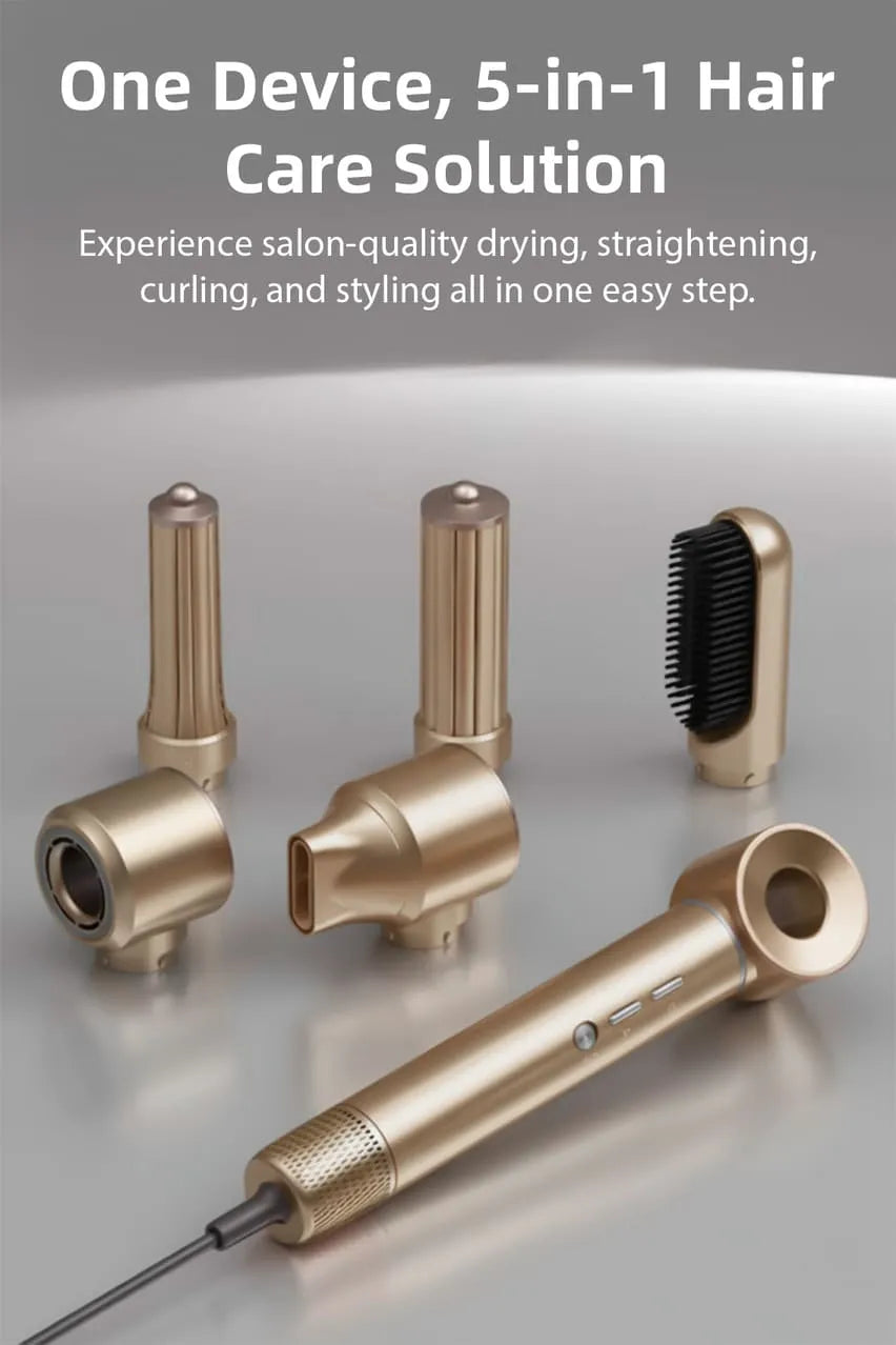 Toree 5-in-1 Hair Styling Tool Set - Multi-Function Hair Dryer, Curler, Straightener & Volumizer - Golden