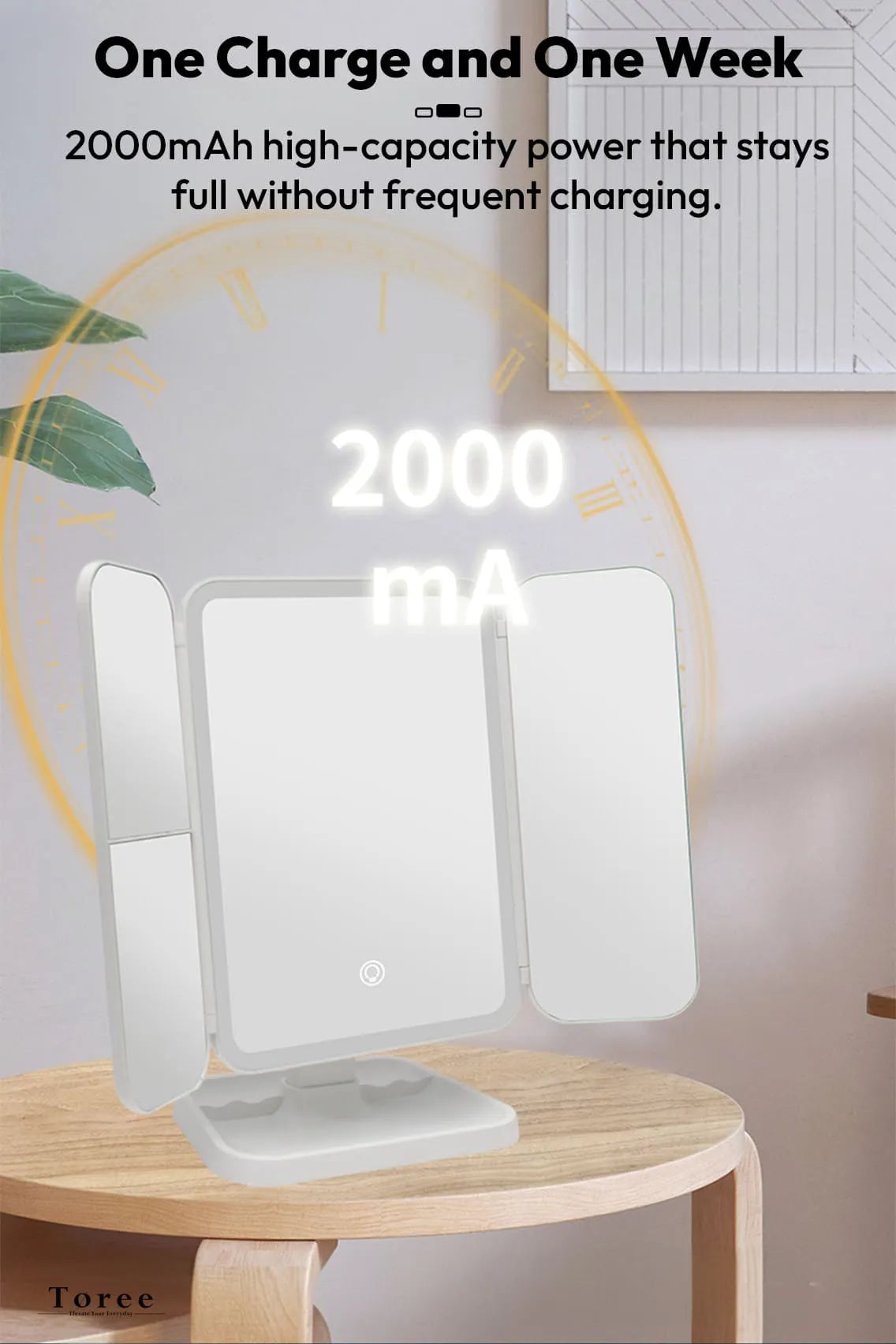 Toree LED Tri-Fold Makeup Mirror with 52 High-CRI Lights | 3-Color Lighting Modes, Stepless Dimming, 2000mAh Rechargeable Battery, 270° Shadow-Free Design, Smart Storage Base