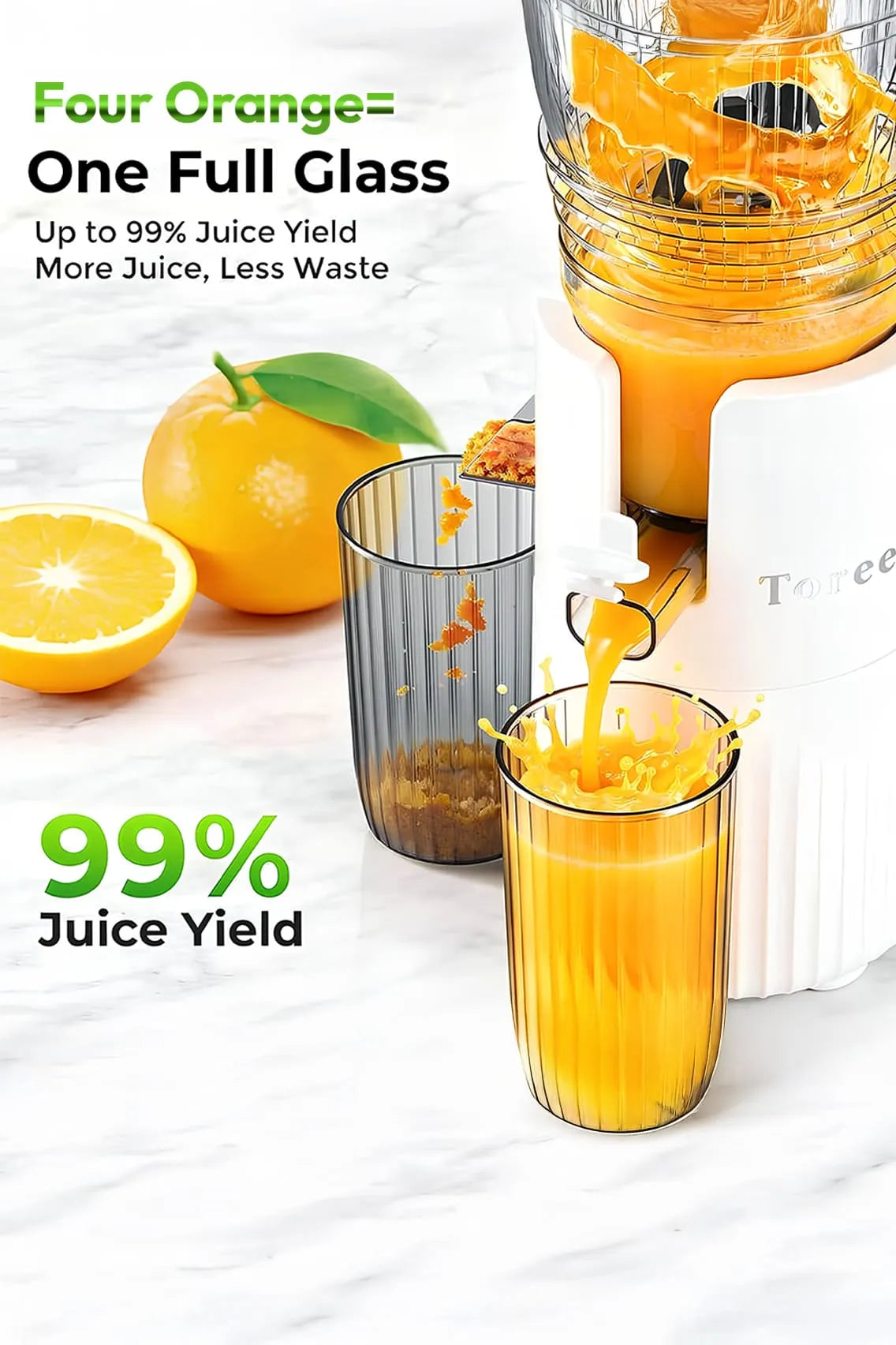 Toree 200W Slow Juicer Machine, Cold Press Juicer with 10.5cm Wide Mouth, High Torque Motor, Easy Clean, Anti-Clog Reverse Function - White
