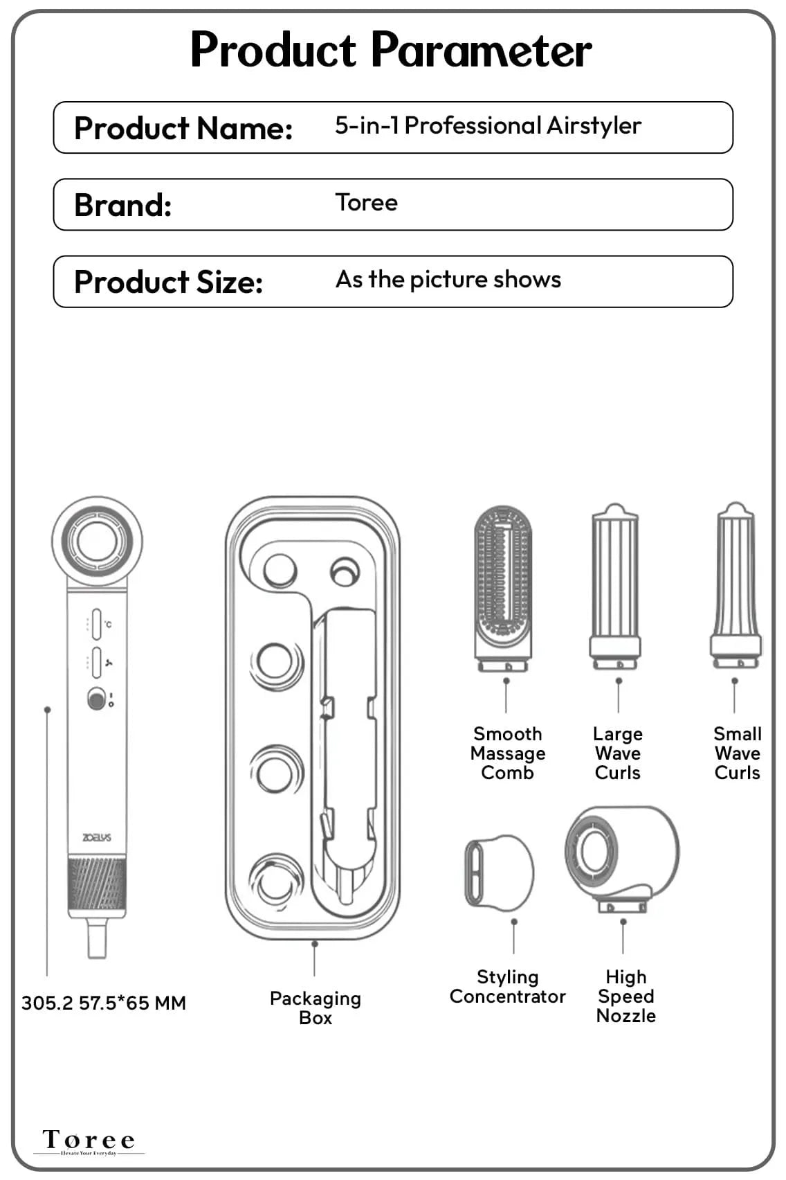 Toree 5-in-1 Hair Styling Tool Set - Multi-Function Hair Dryer, Curler, Straightener & Volumizer - Golden