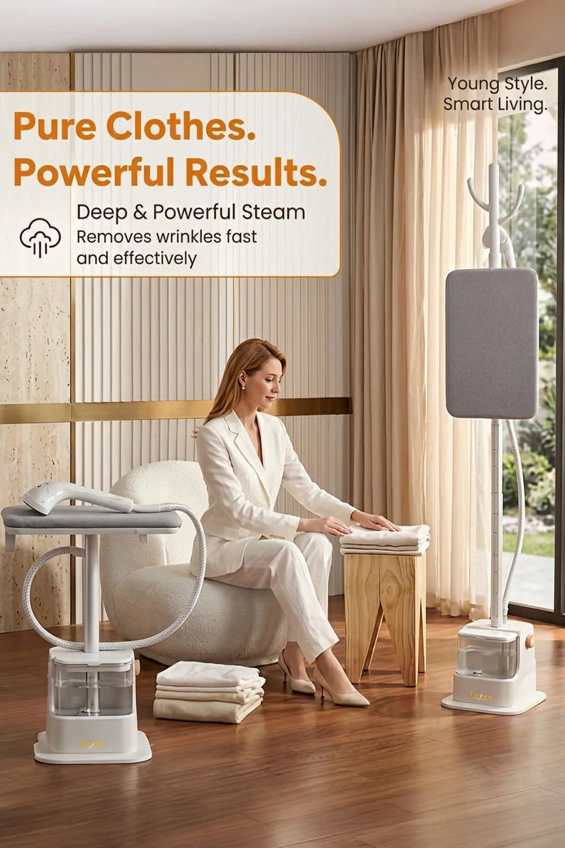 Toree Professional Garment Steamer for Clothes 2000W, 40g/min Steam Output, Standing Steam Iron with Board, 1.8L Tank & Adjustable Height - White